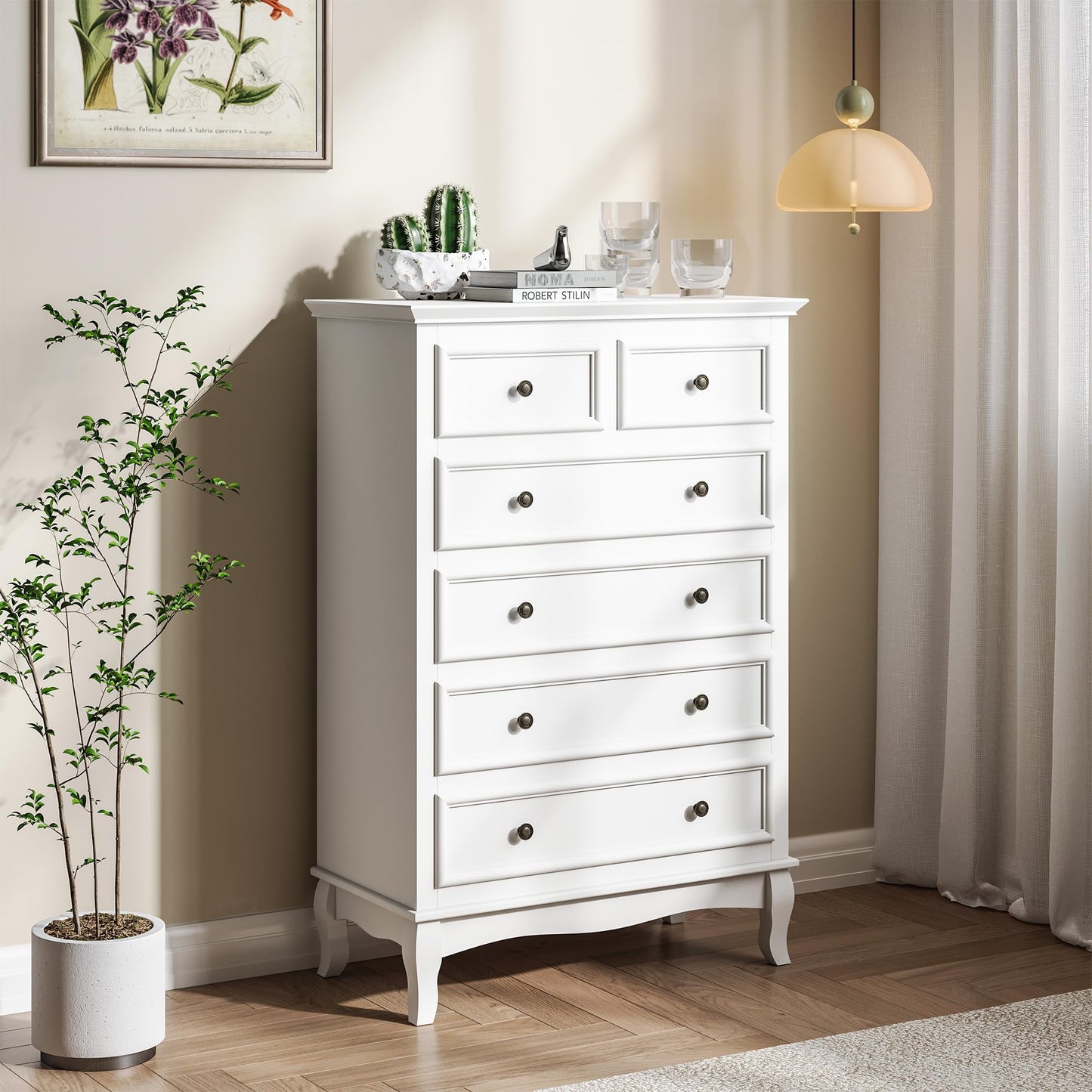 Superjoe White 6 Drawer Dresser, Rustic Tall Chest of Drawers, Modern Wood Dresser, Wooden Storage Closet Cabinet, Clothing Storage Organizer for Living Room, Bedroom, Hallway, Entryway