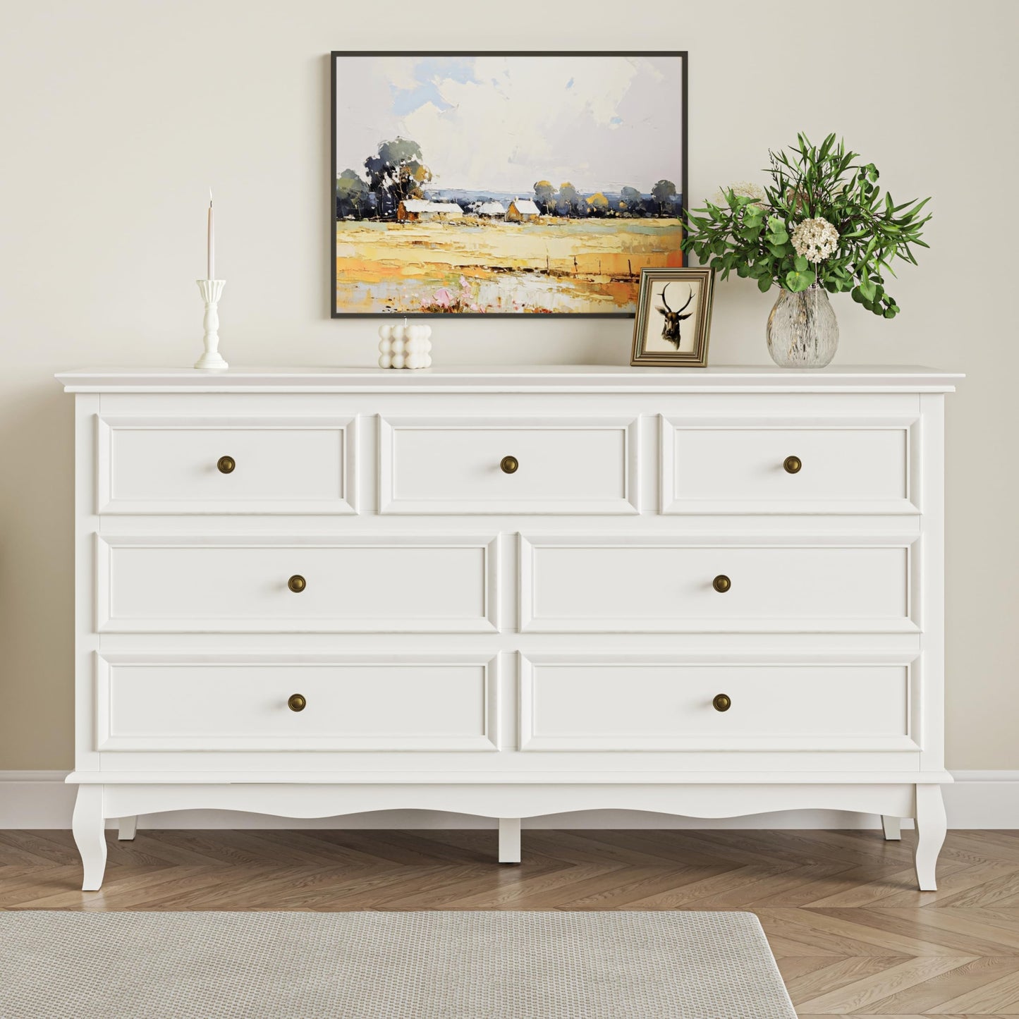 White 7 Drawer Dresser with Ball Bearing Slide, Sturdy Frame Modern Wood Dresser Wide Nightstand Cabinet for Bedroom, Living Room, Hallway, Entryway