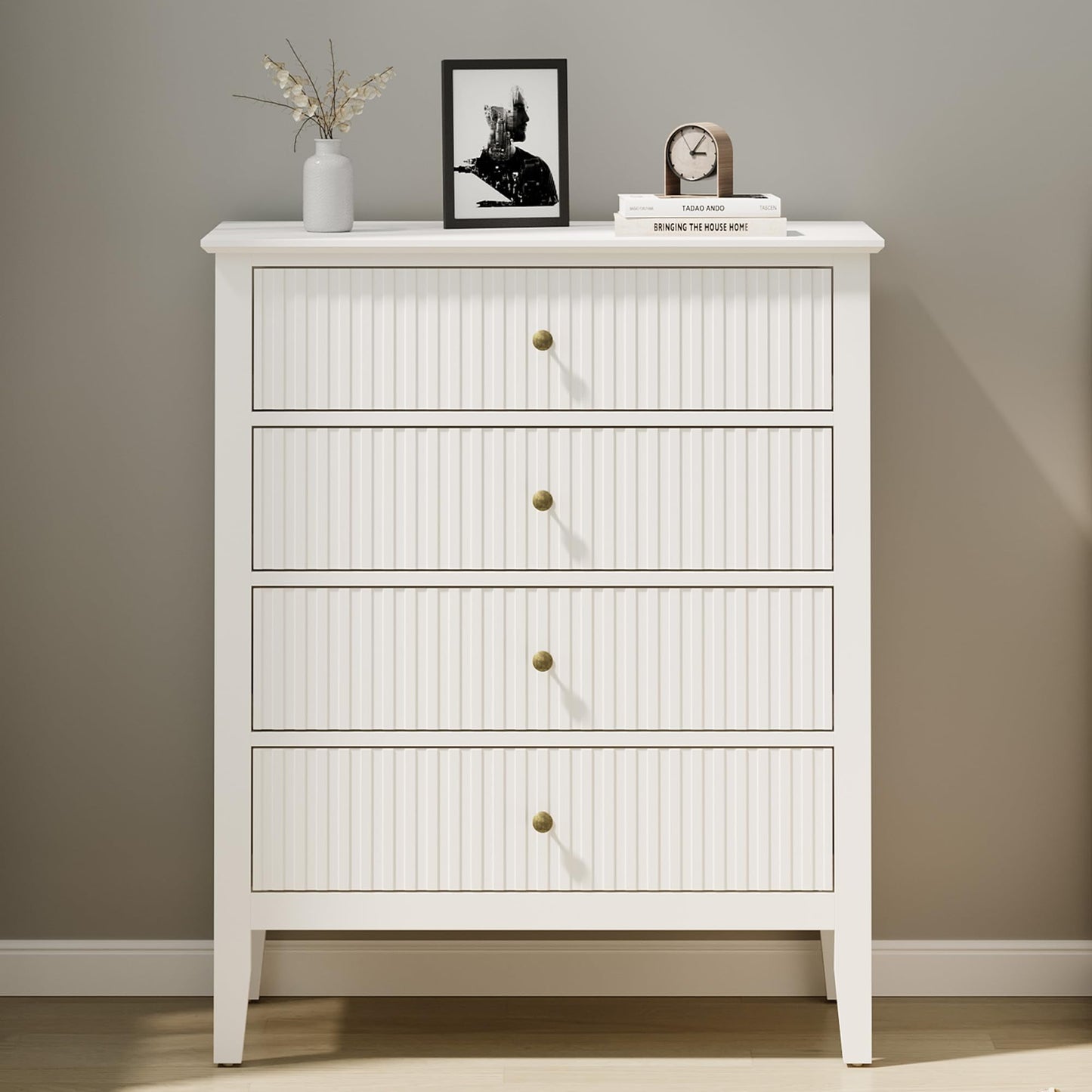 Superjoe White Fluted 4 Drawer Dresser for Bedroom, Modern Chest of Drawers, Wood Dresser for Storage Clothes, Wooden Storage Cabinet Nightstand for Bedroom, Hallway, Living Room, Entryway