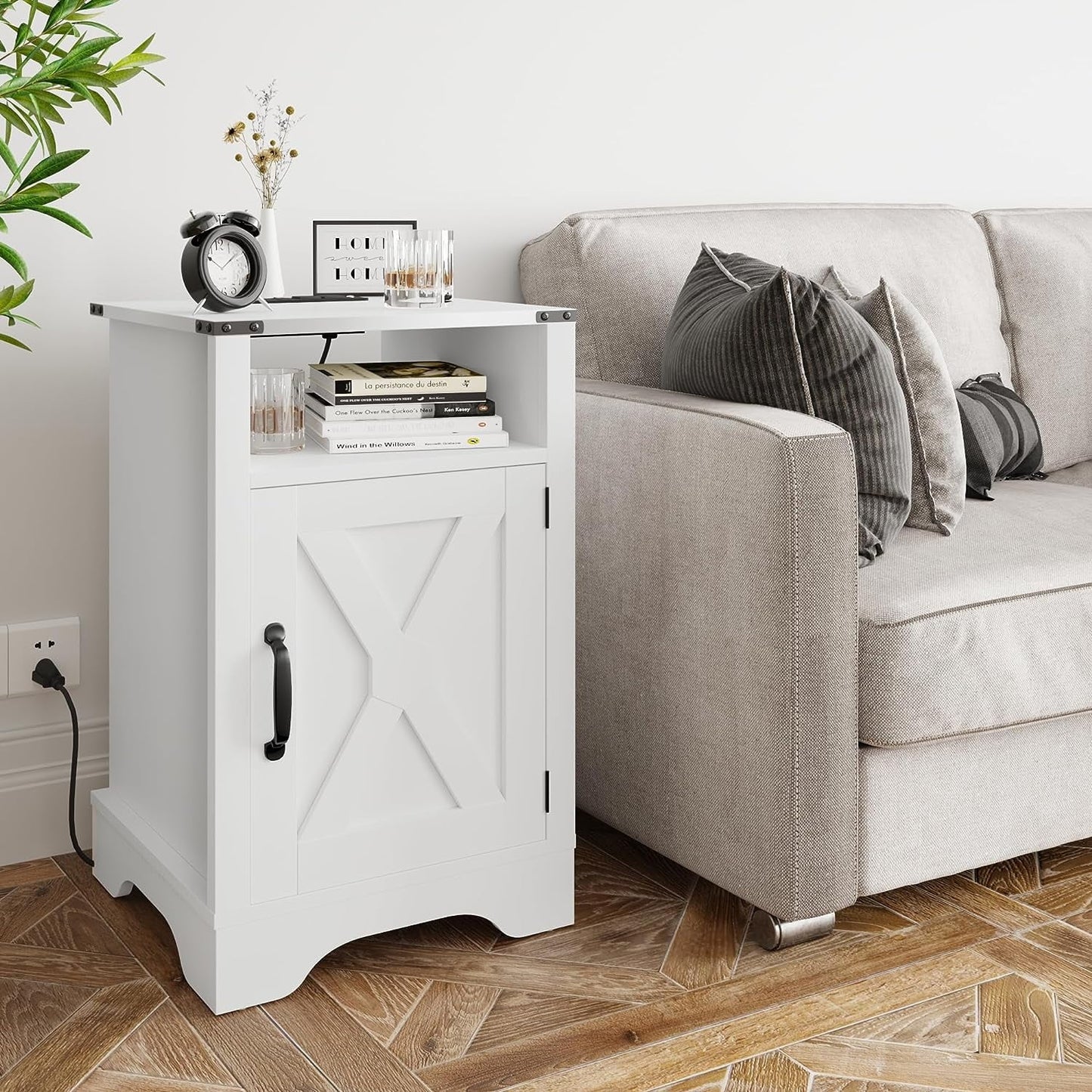 RoyalCraft White Nightstand with Charging Station, Farmhouse Bedside Table with X-Shaped Design,Wooden Rustic End Table with Large Storage Room and Shelf for Bedroom, Living Room