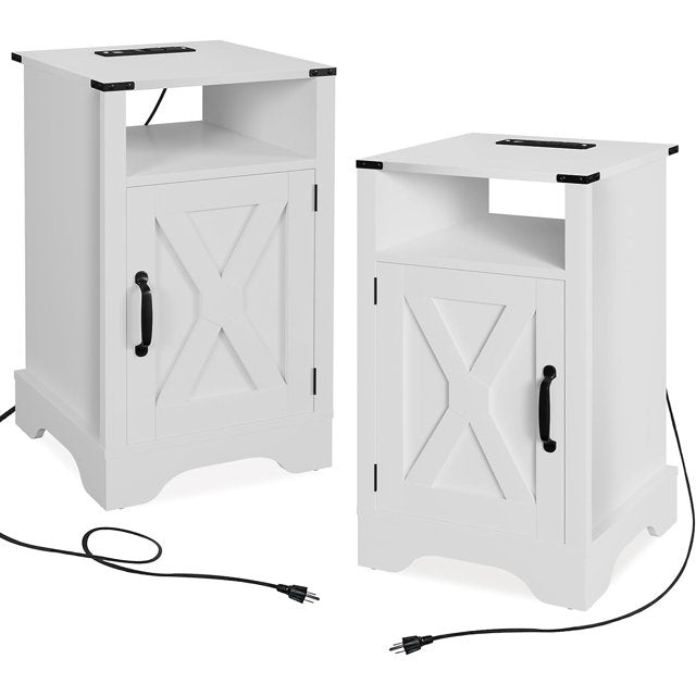 RoyalCraft White Nightstand with Charging Station, Farmhouse Bedside Table with X-Shaped Design,Wooden Rustic End Table with Large Storage Room and Shelf for Bedroom, Living Room