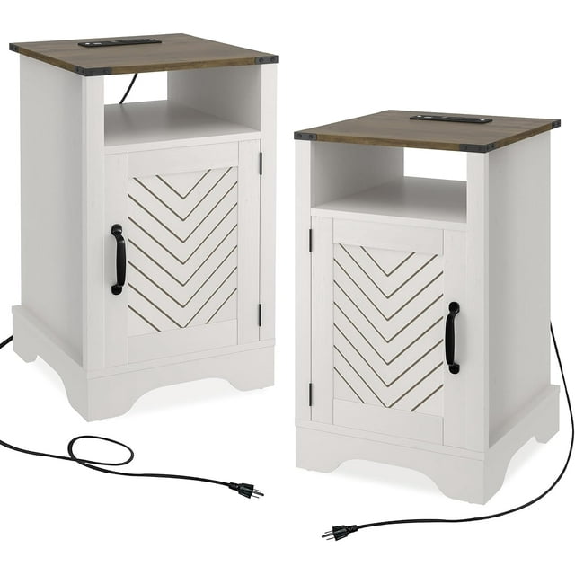 RoyalCraft White Nightstand with Charging Station, Farmhouse Bedside Table with X-Shaped Design,Wooden Rustic End Table with Large Storage Room and Shelf for Bedroom, Living Room