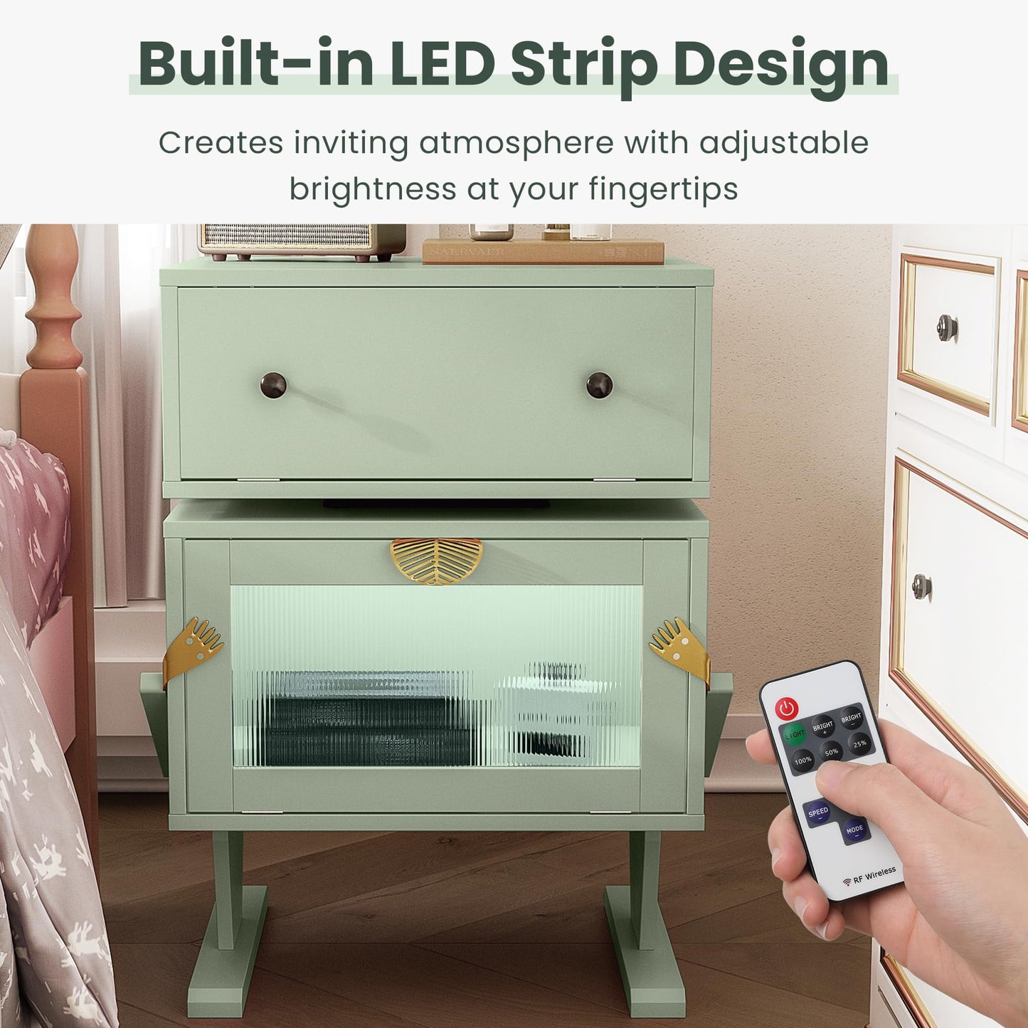 CozyHome Nightstand with LED Light Strips, Modern End Table with 360° Rotating Drawer, Bedside Table with Glass Door Storage, Wood Night Stand Cabinet for Living Room, Bedroom, Green