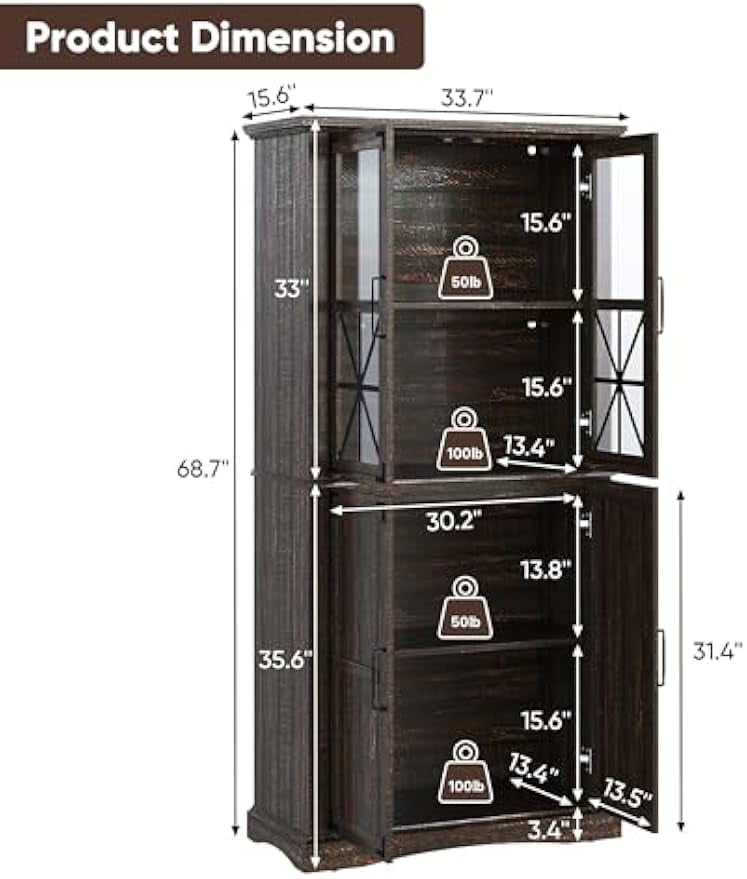 Superjoe 69'' Tall Farmhouse Storage Cabinet, Retro Display Cabinet with RGB Lights, Freestanding Kitchen Pantry Cabinet, Living Room, Home Office, Brown