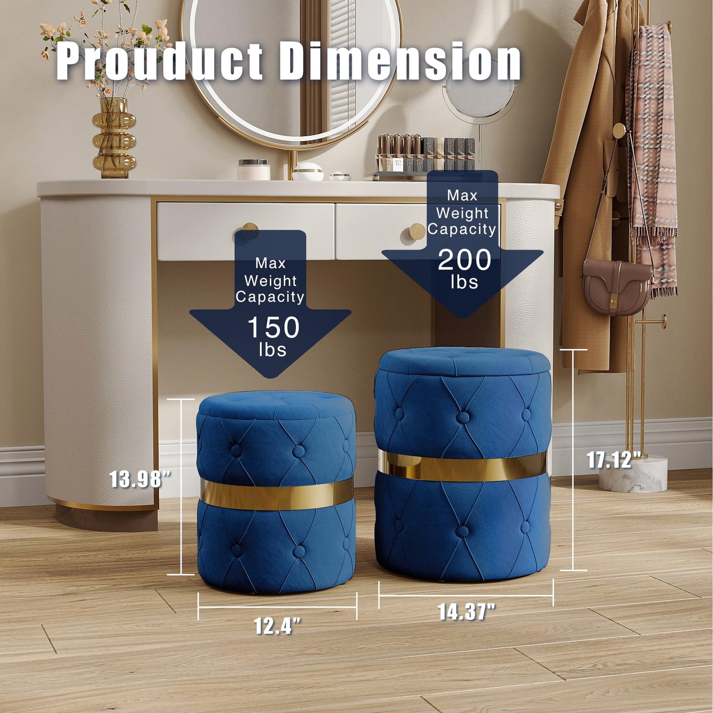 CozyHome Storage Ottoman Set of 2, Versatile Footrest Stool with Stainless Steel Base, Modern Round Vanity Stool Chair Foot Stools, Support 200lbs Padded Seat, for Living Room, Bedroom, Blue