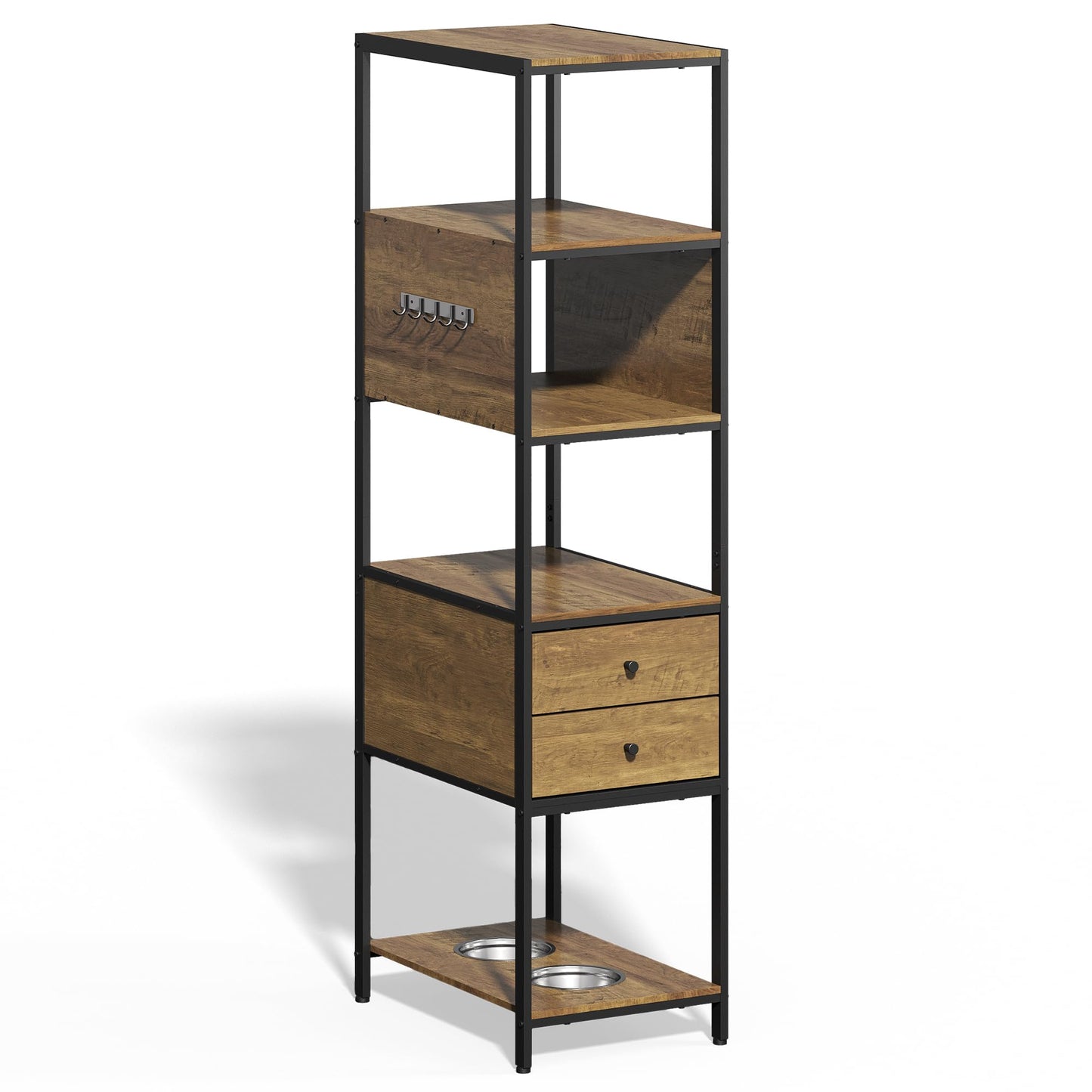 Superjoe Industrial Bookshelf, Standing Display Shelf with 2 Dog Bowls, Metal and Wood Bookshelf, Dog Feeder Station with Shelves, Brown