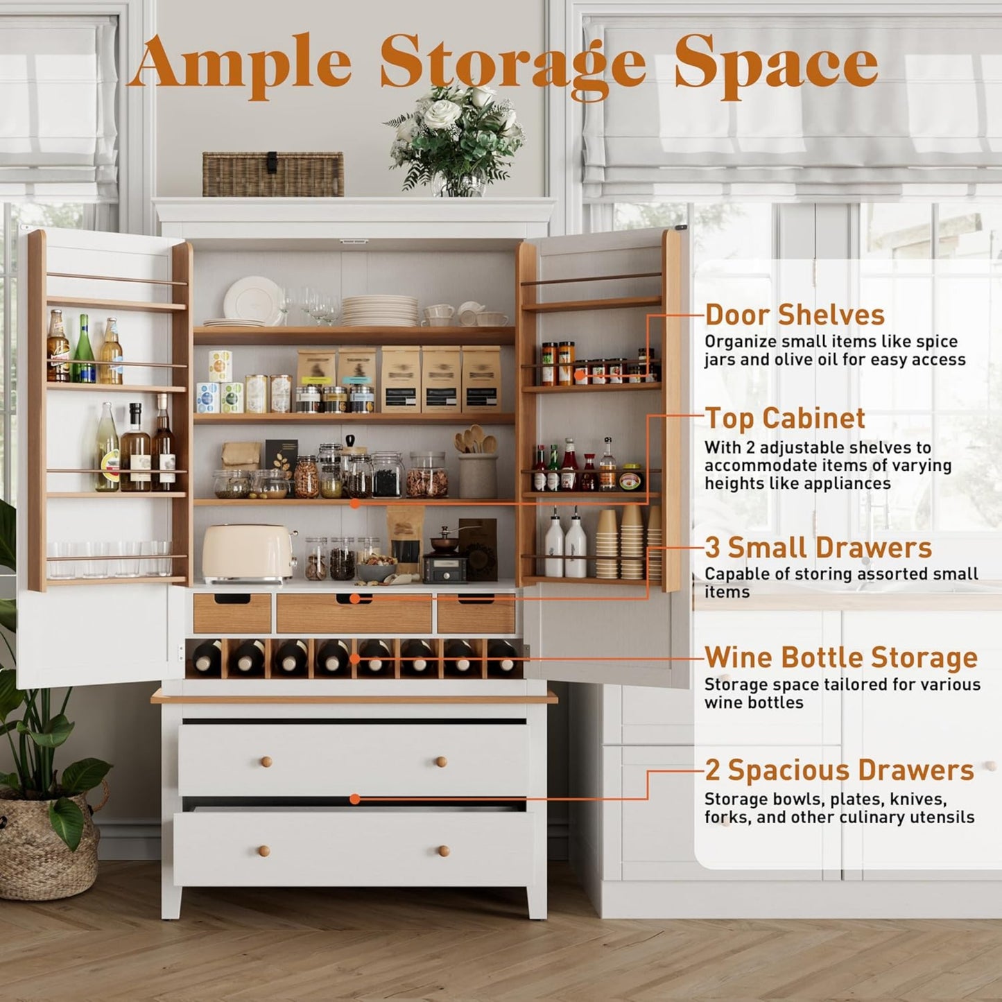 Superjoe 70'' Tall Kitchen Pantry Cabinet, Wood Cupboard with 8 Door Storage Shelves, Large Storage Cabinet with Drawers & Adjustable Shelves for Kitchen, Dining Room, Living Room, Laundry, White