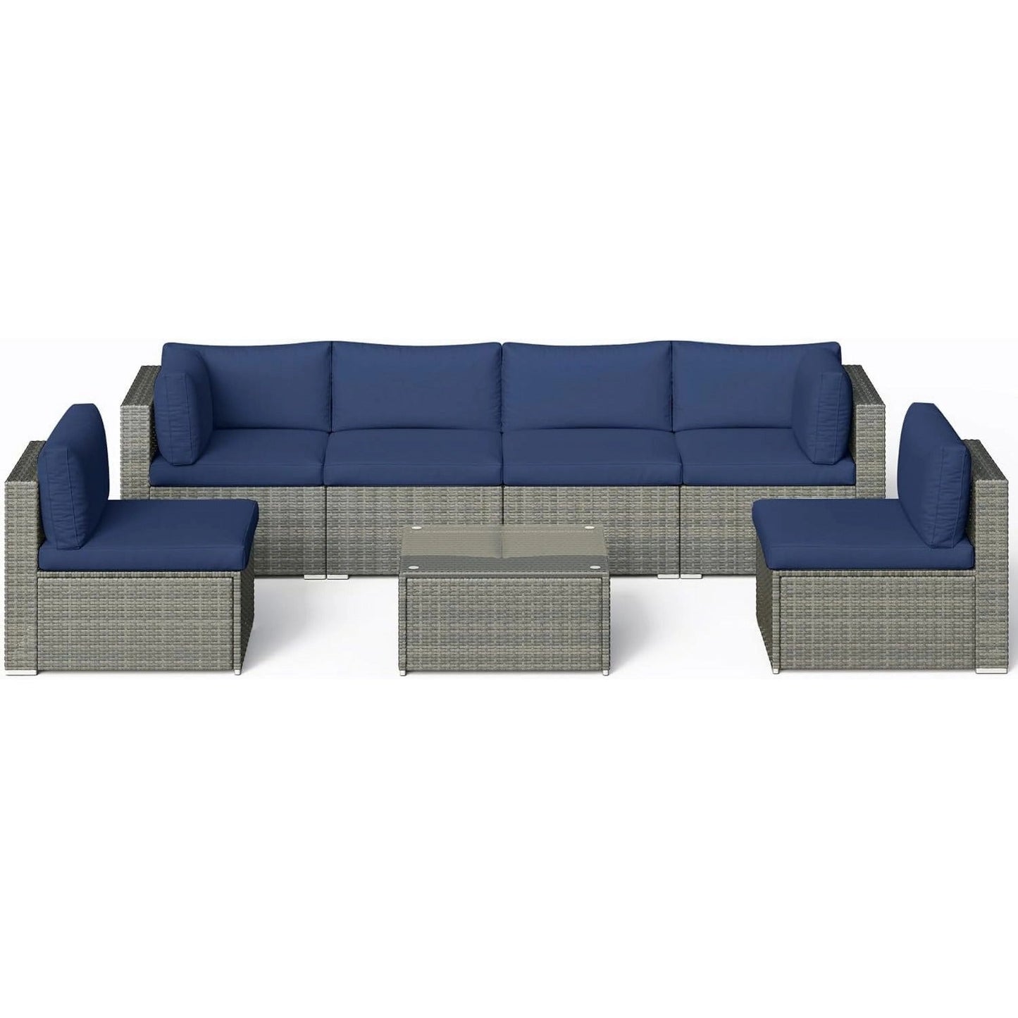 sunvivicollection Outdoor Patio Furniture Set, 7 Pieces Outdoor Wicker Sectional Sofa with Waterproof Cover, Blue Cushions with Strip and Zippers, Brown