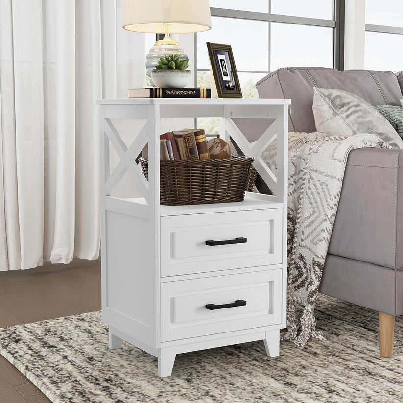 White Nightstand, Farmhouse Side Table with Storage Drawers and Open Shelf, Wooden Rustic End Table for Bedroom, Living Room