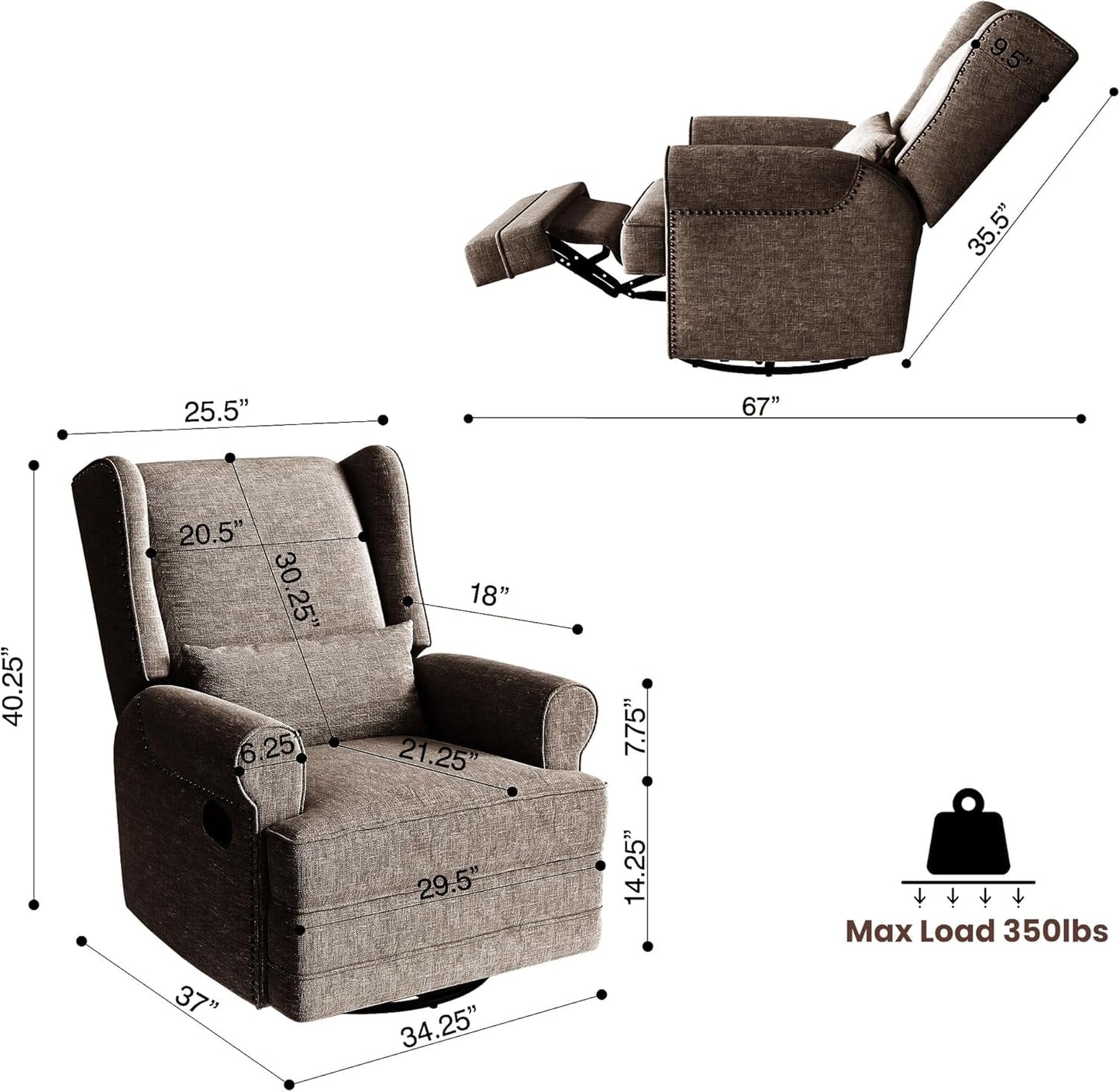 Superjoe Swivel Recliner Chair, Comfy Glider Rocking Chairs with Lumbar Pillow and Footrest, Upholstered Swivel Rocking Chair for Bedroom,Nursery, Brown