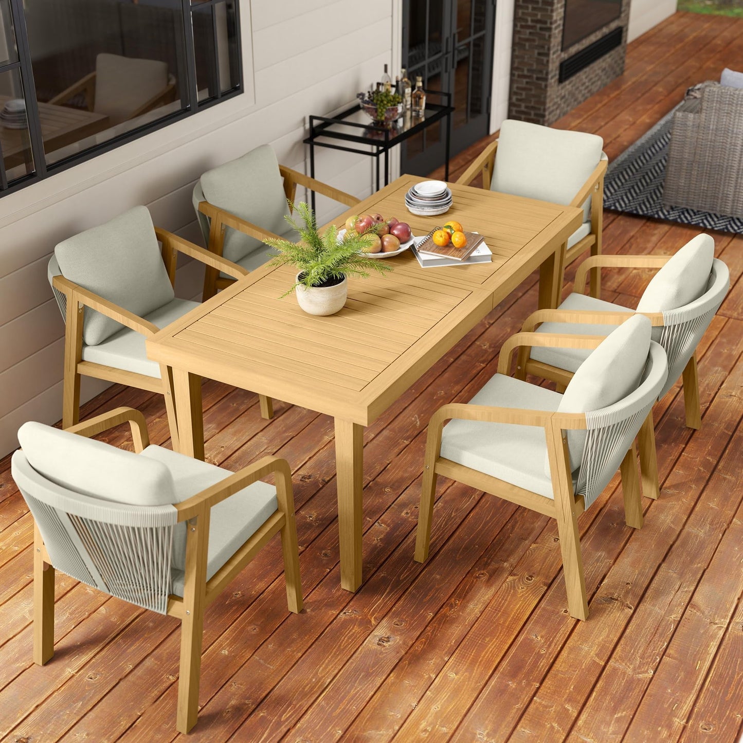 Heynemo Acacia Patio Dining Set 7 Pieces, Patio Dining Table and Chairs Set, Modern Outdoor Dining Furniture Set for Lawn Backyard Garden Deck, Beige