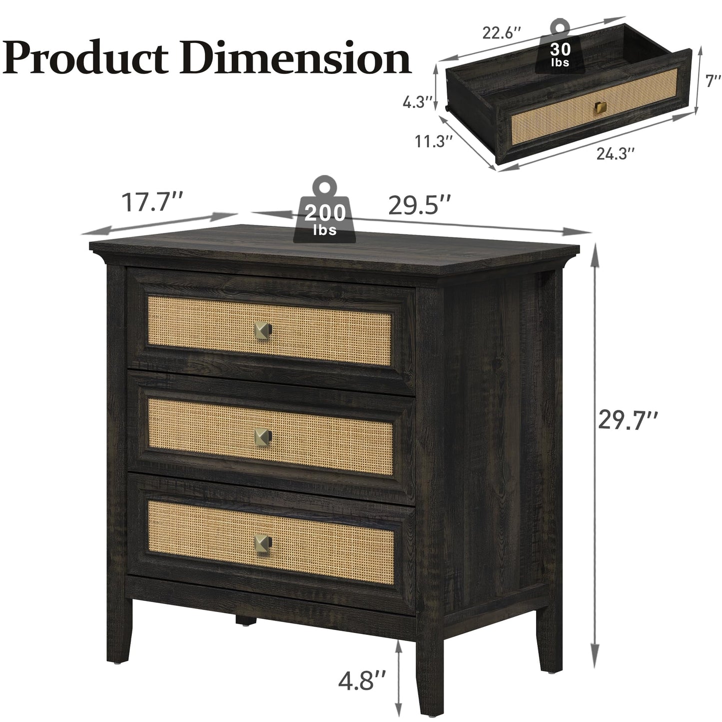 CozyHome 3 Drawer Nightstand, Rattan Dresser Table with Cane Drawers, Tall Boho Bedside Table Cabinet for Bedroom, Living Room, Entryway, Hallway, Coffee