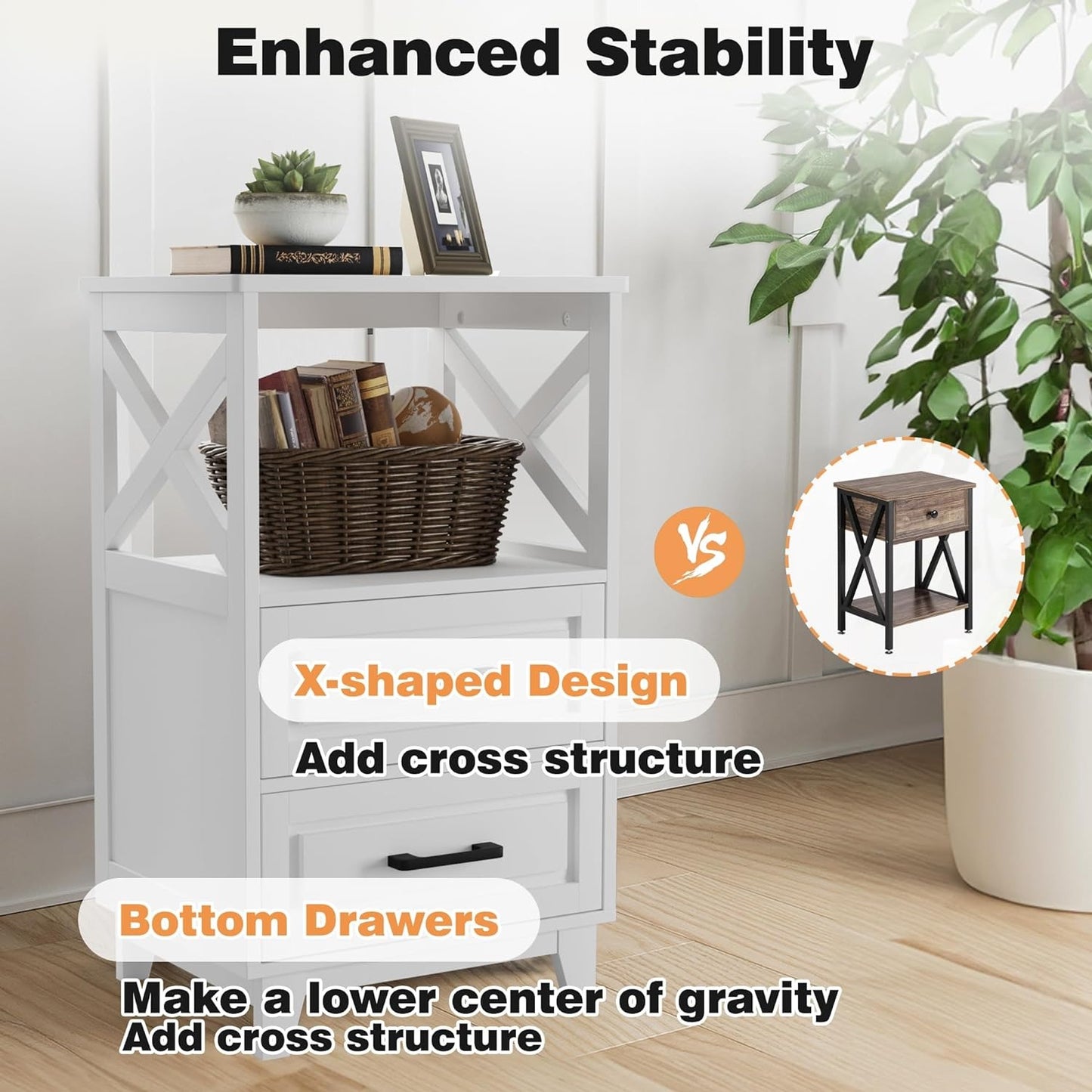 CozyHom Tall Nightstand Set of 2, Bedside Table with X Shaped Design, Wooden Rustic End Table with 2 Large Storage Drawers and Large Open Shelf for Bedroom, Living Room, White