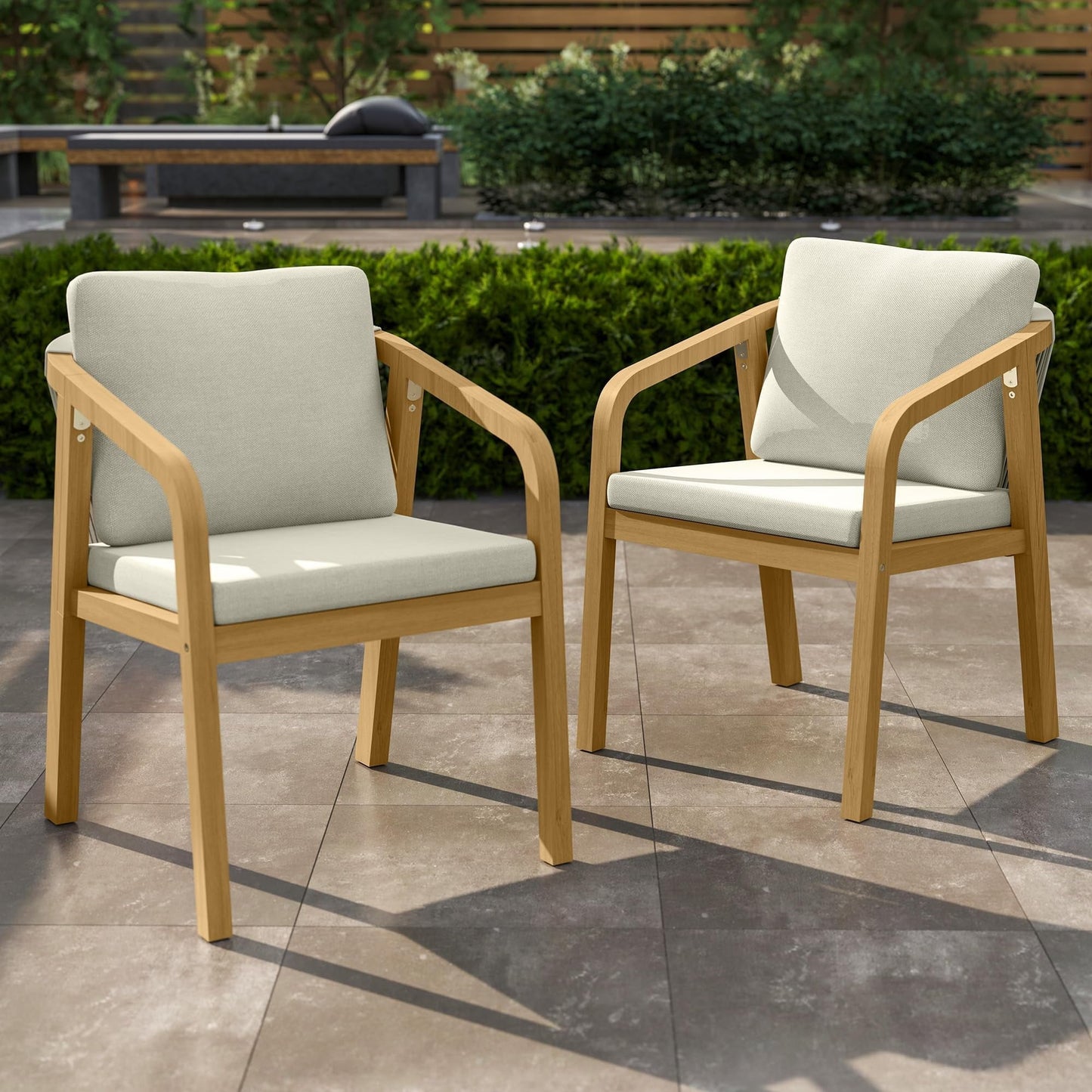 Heynemo Acacia Patio Dining Chairs Set of 4, Outdoor Wood Dining Chairs with Thick Cushions, Modern Patio Chairs with Woven Rope Backrest for Porch, Backyard, Garden, Indoor, Beige