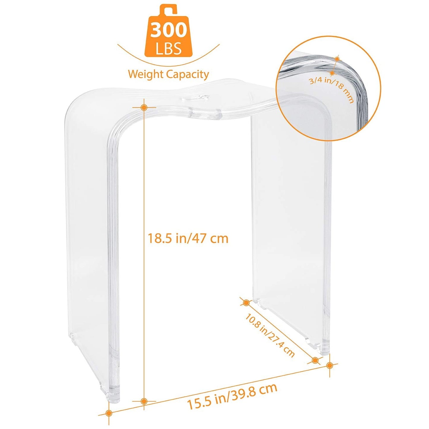 Superjoe Acrylic Shower Bench Seat Bathroom Shower Stool, Rounded Edge and Sleek Designed, 3/4" Thick, Weight Capacity 300 lbs, Clear
