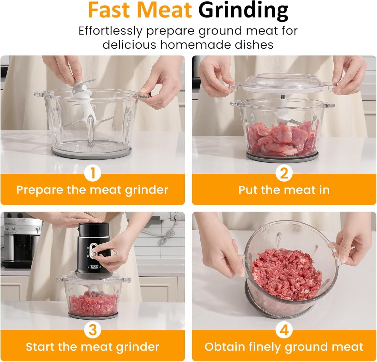 CozyHome Electric Food Chopper, Electric 4 in 1 Food Grinder for Grinding Meat, Peeling Garlic & Juicing, 2 Speed Blender and Food Processor Combo with 1.5L Glass Bowl & 2 Cups (0.4L+0.2L), 250W Black