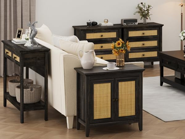 Superjoe Storage Cabinet, Kitchen Sideboard Cabinet with Rattan Decor Doors, Accent Buffet Cabinet with Adjustable Storage Shelf, Wood Cabinet Organizer for Hallway, Dining Room, Living Room, Coffee