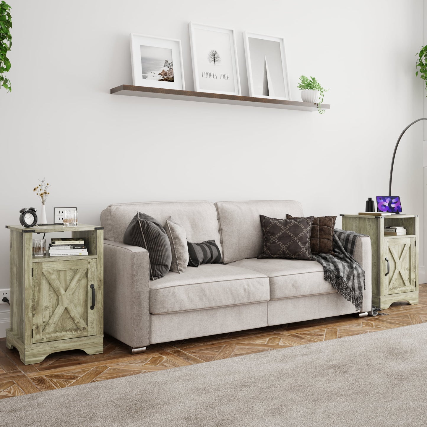 CozyHom Modern Farmhouse USB Nightstand Set of 2 With Storage Cabinet, End Side Table With Charging Station For Bedroom, Light Grey