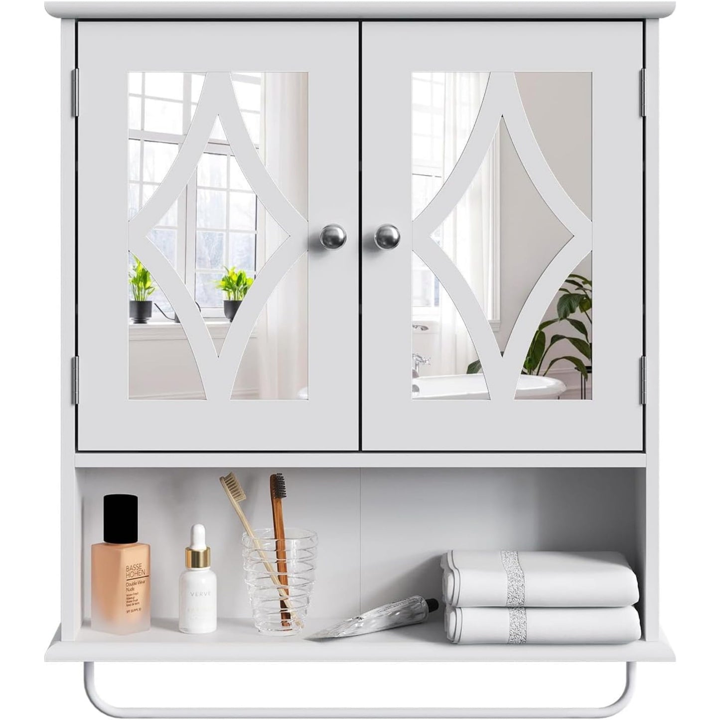 CozyHome Bathroom Medicine Cabinet with Mirror, Vanity Wall Mounted Storage Cabinet with Adjustable Shelves and Towel Bar, Hanging Wall Cabinet for Bathroom, Laundry, Living Room, White