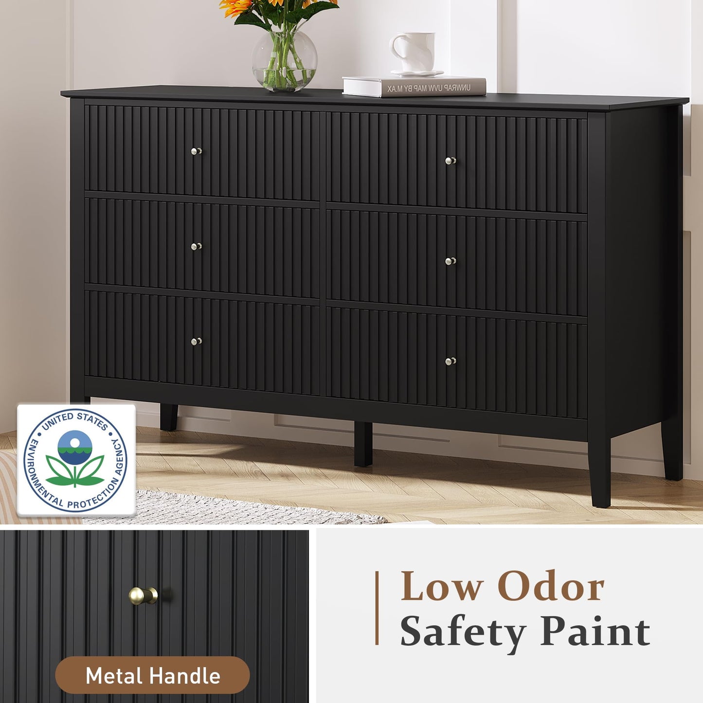 Black Dresser Fluted 6 Drawer Dresser Wide Modern Chest of Drawers Large Closet Dressers Wood Storage Dressers Organizer Storage Cabinet for Bedroom Living Room Hallway Entryway