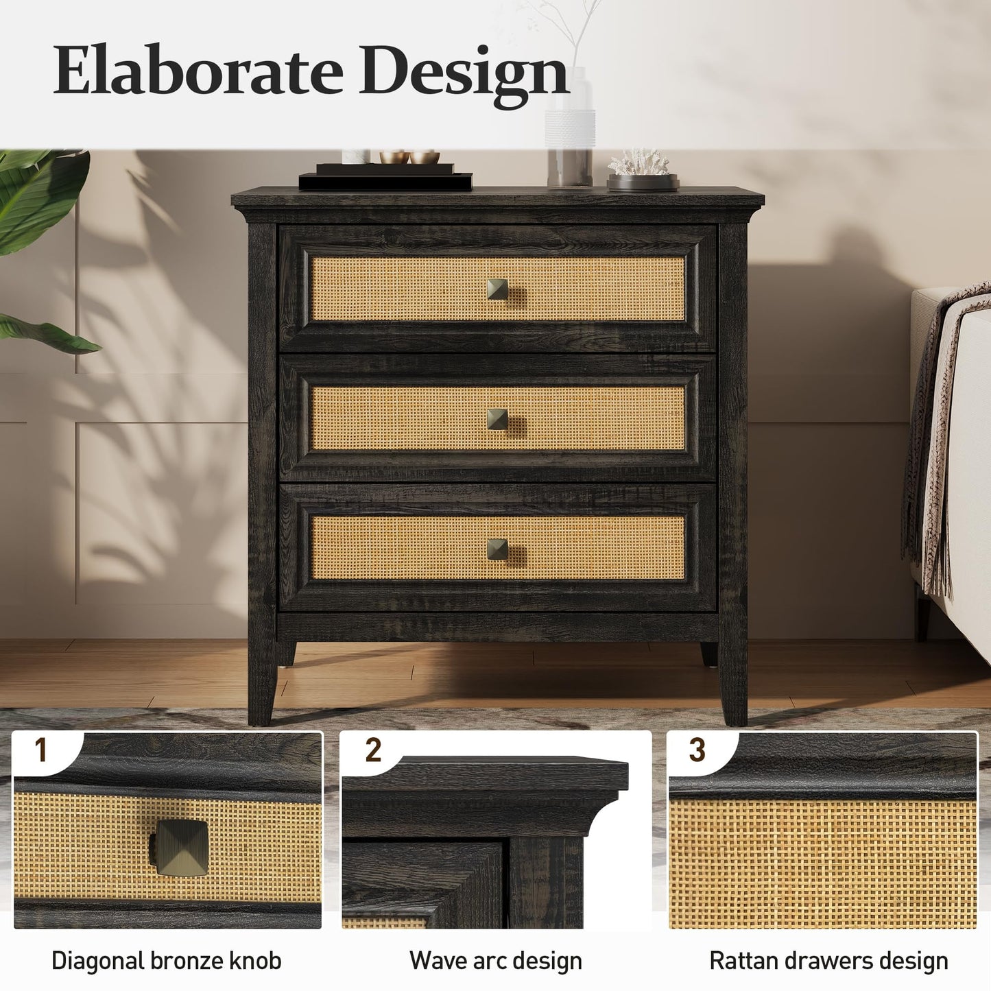 Superjoe 3 Drawer Nightstand, Rattan Dresser Table with Cane Drawers, Tall Boho Bedside Table Cabinet for Bedroom, Living Room, Entryway, Hallway, Coffee