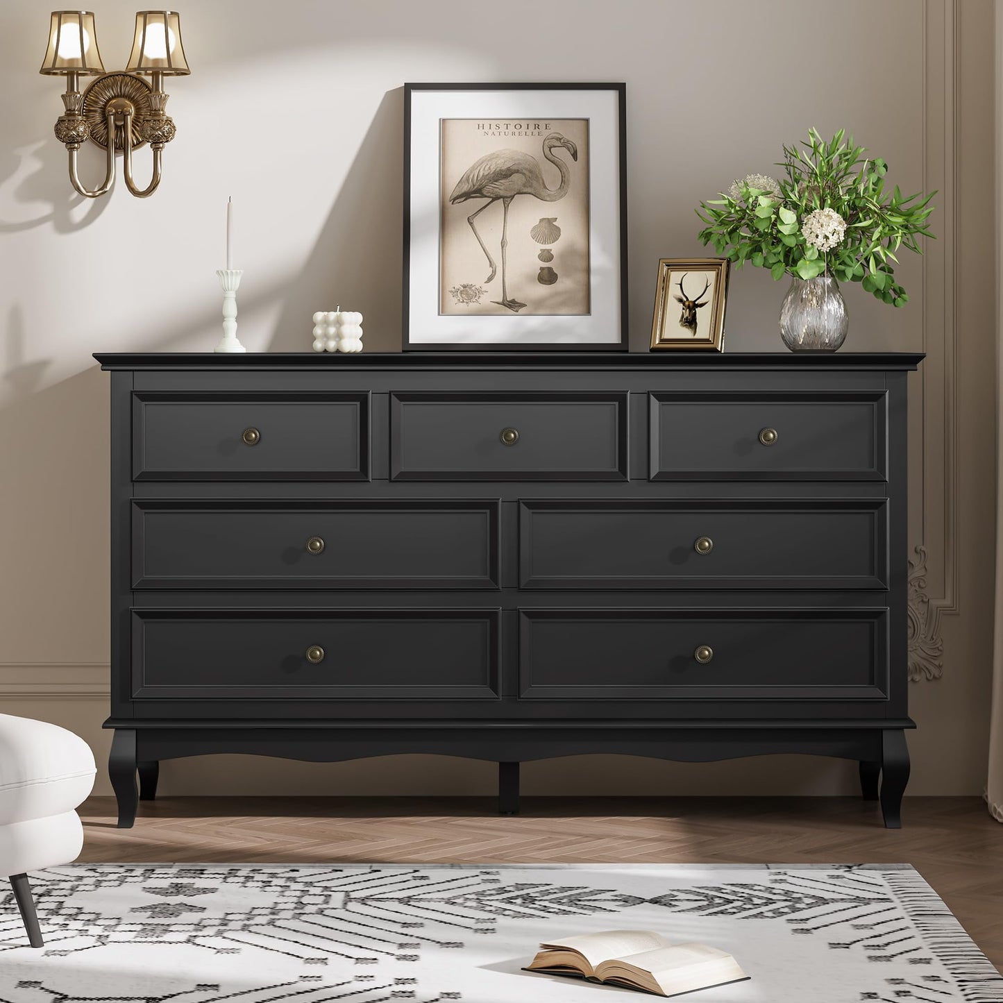 CozyHome Modern 7 Drawer Dresser with Solid Wood Legs and Painted Finish, Dresser for Bedroom, Black Chest of Drawers, Wooden Storage Closet Cabinet Organizer for Nursery, Living Room, Hallway
