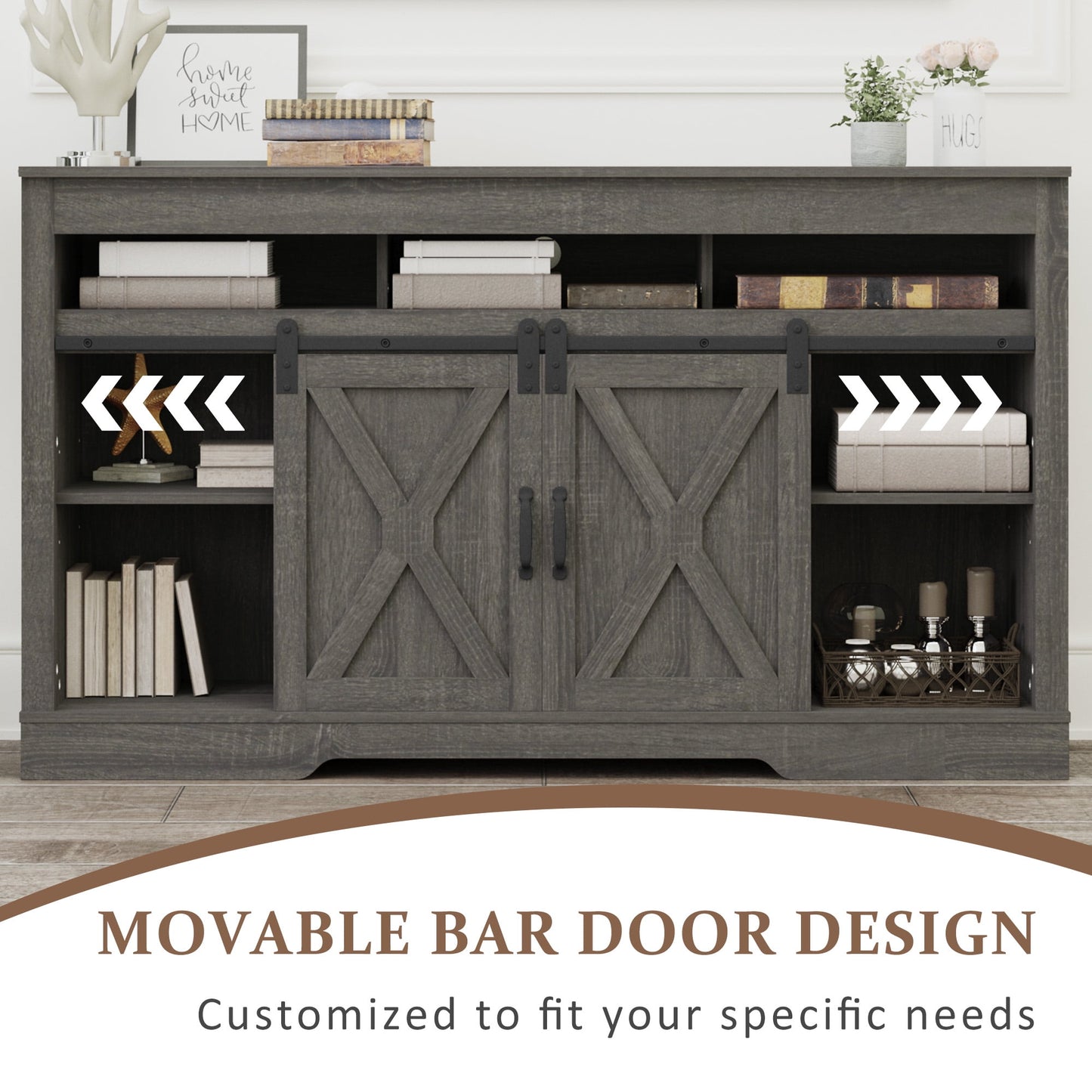 Superjoe TV Stand for 70" TVs, Modern Media Console Storage Cabinet w/Sliding Barn Doors, Wooden Entertainment Center for Living Room Bedroom, Dark Gray