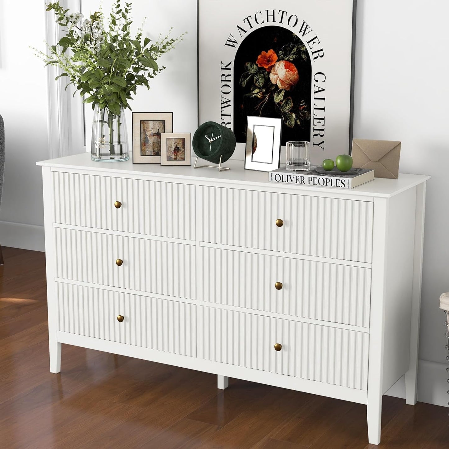 CozyHome 6 Drawers White Dresser Cabinet with Silent Slide Drawers, 47" Wide Chest of Drawers Wooden Storage Closet Organizer for Nursery, Living Room, Hallway, White