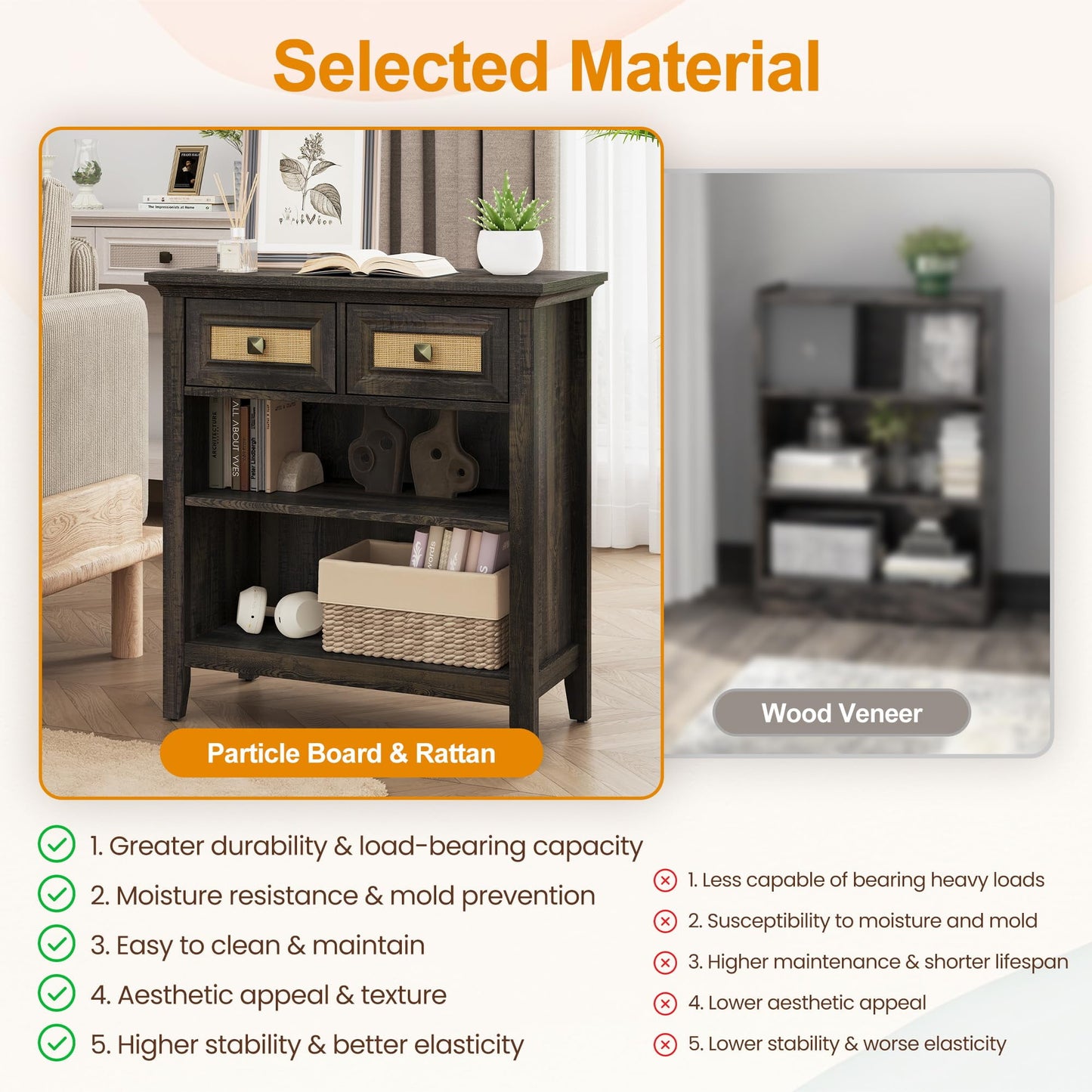 Superjoe Rattan Storage Cabinets, Accent Boho Storage Cabinet with 2 Drawers and 2 Shelves, Multipurpose Modern Storage Cabinet for Living Room, Entryway, Front Hall, Hallway, Coffee