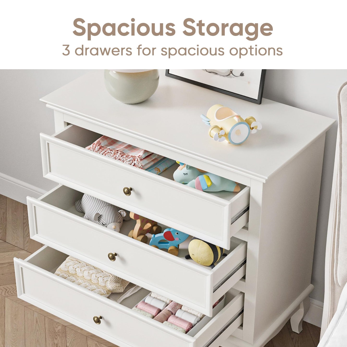 White 3 Drawer Dresser with Ball Bearing Slide, Sturdy Frame Modern Wood Dresser Wide Nightstand Cabinet for Bedroom, Living Room