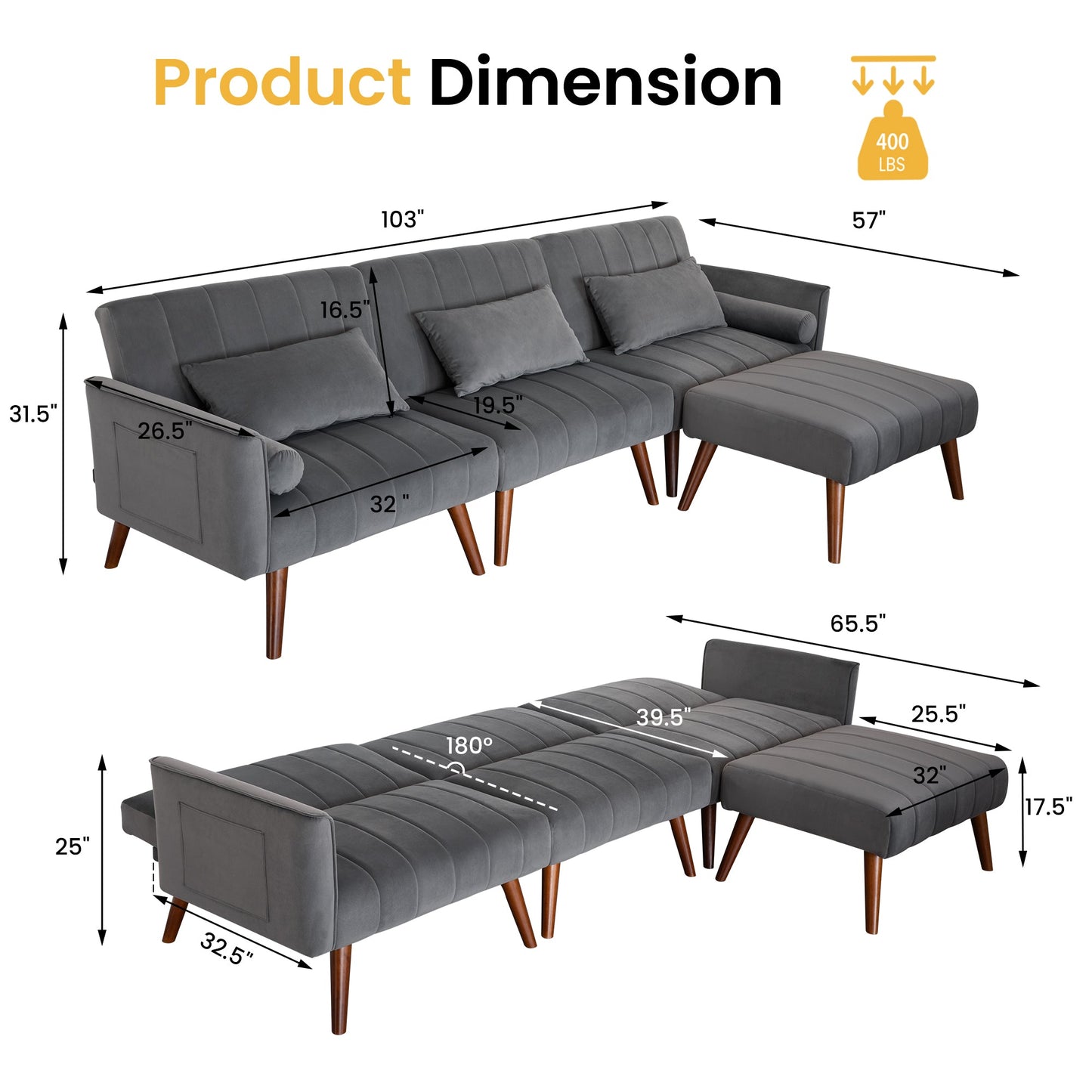 RoyalCraft Sleeper Sectional Sofa Bed£¬ L-Shaped Convertible Sofa with Reclining Backrest and Movable Ottoman£¬ Modern Velvet Fabric Couch for Living Room, Apartment