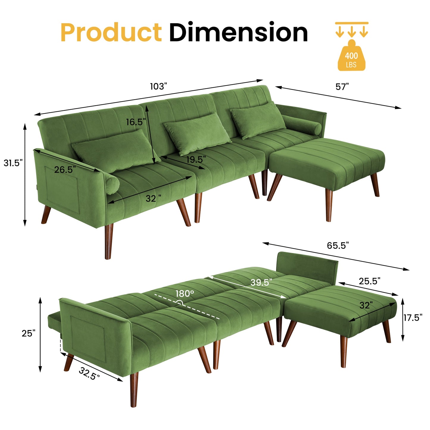 RoyalCraft Sleeper Sectional Sofa Bed£¬ L-Shaped Convertible Sofa with Reclining Backrest and Movable Ottoman£¬ Modern Velvet Fabric Couch for Living Room, Apartment
