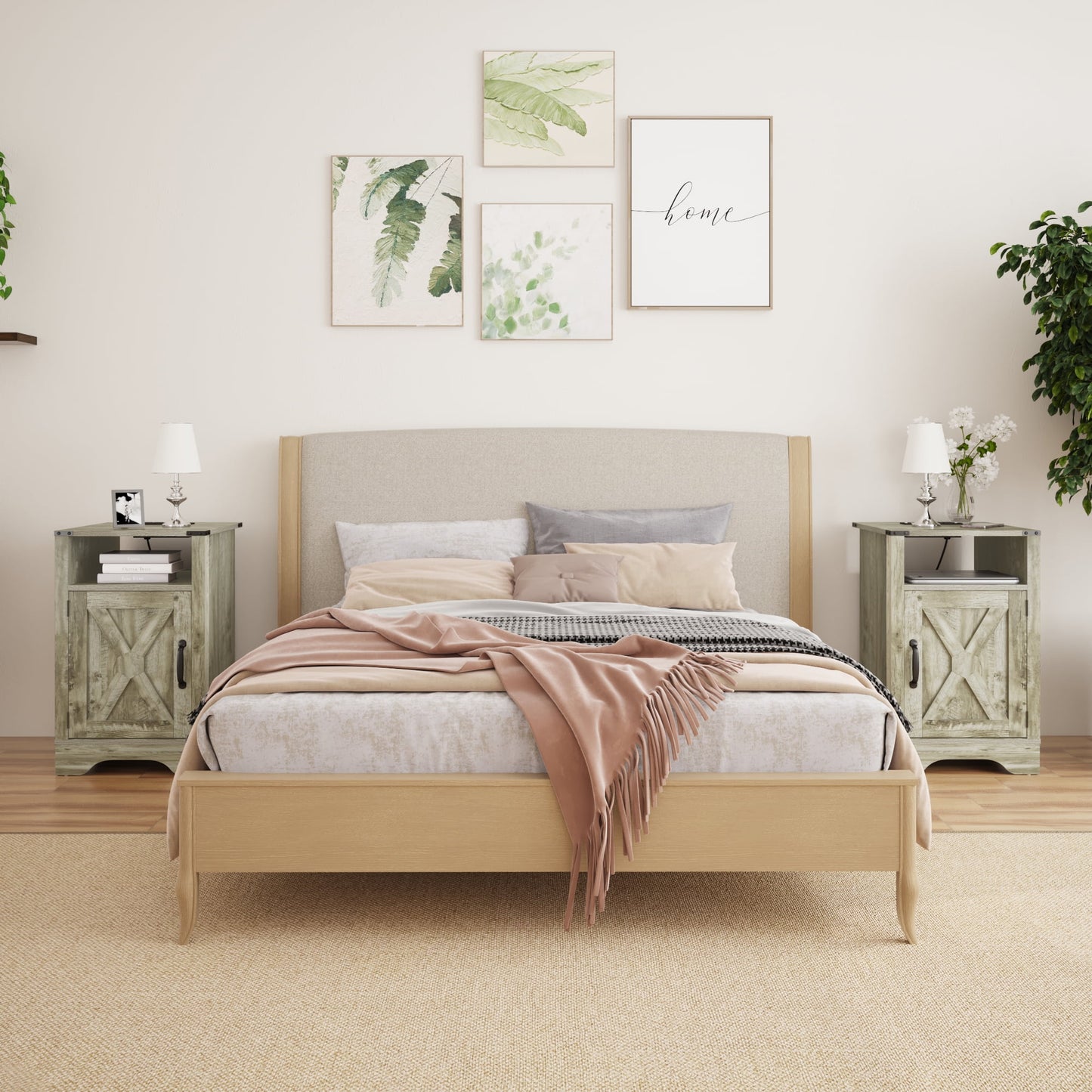 CozyHom Modern Farmhouse USB Nightstand Set of 2 With Storage Cabinet, End Side Table With Charging Station For Bedroom, Light Grey
