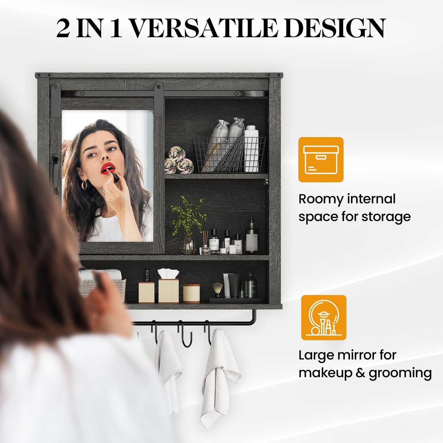 CozyHome 28in Bathroom Cabinet Wall Mount with Sliding Mirror Door, Over The Toilet Storage Cabinet, Farmhouse Medicine Cabinet with Shelves and Towel Bar for Living Room, 28" W x 29" H, Dark Grey