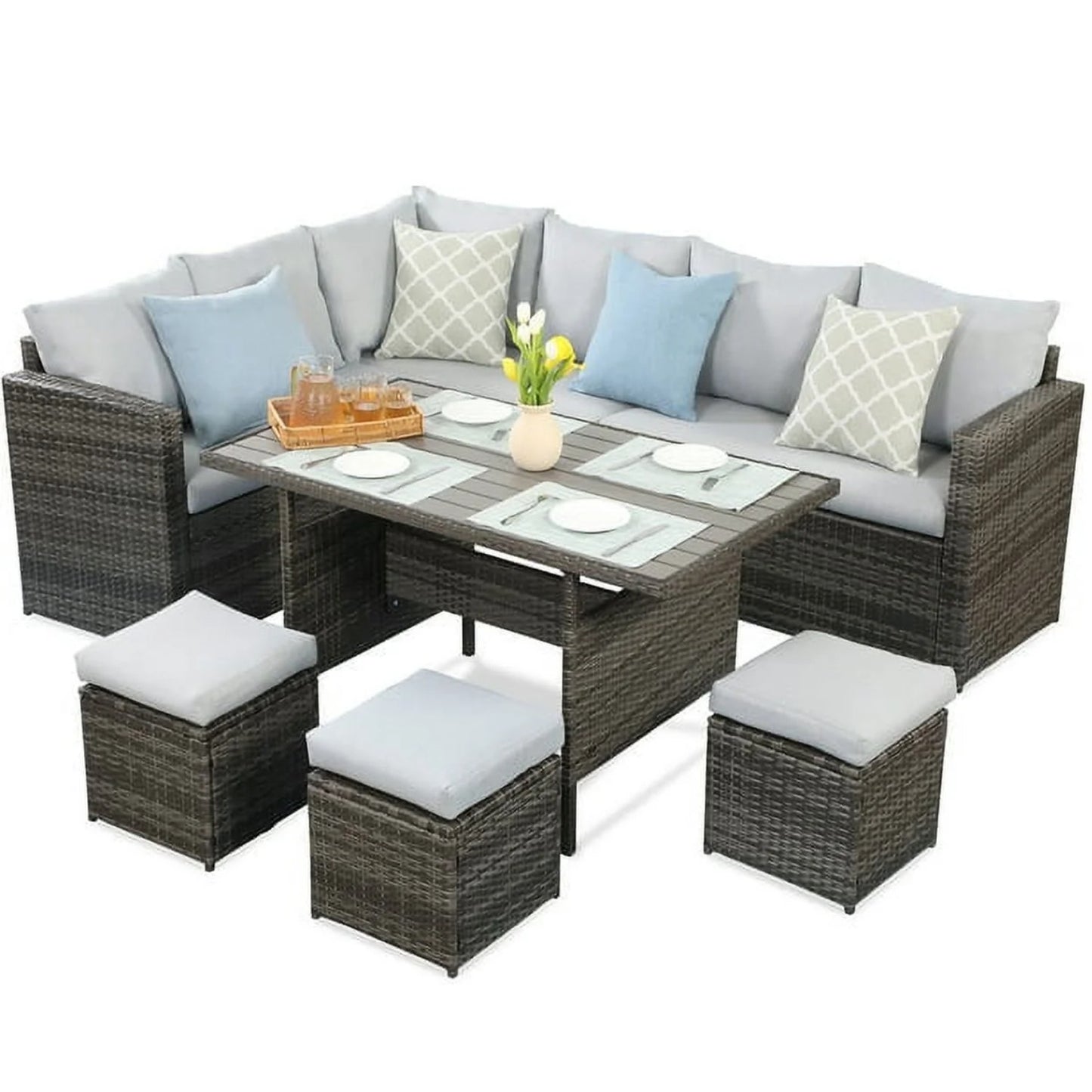 CozyHom 7 Pcs Outdoor Sectional Dining Sectional Sofa Furniture Set, Outdoor Patio Rattan Wicker Sectional Conversation Couch With Dining Table, Gray