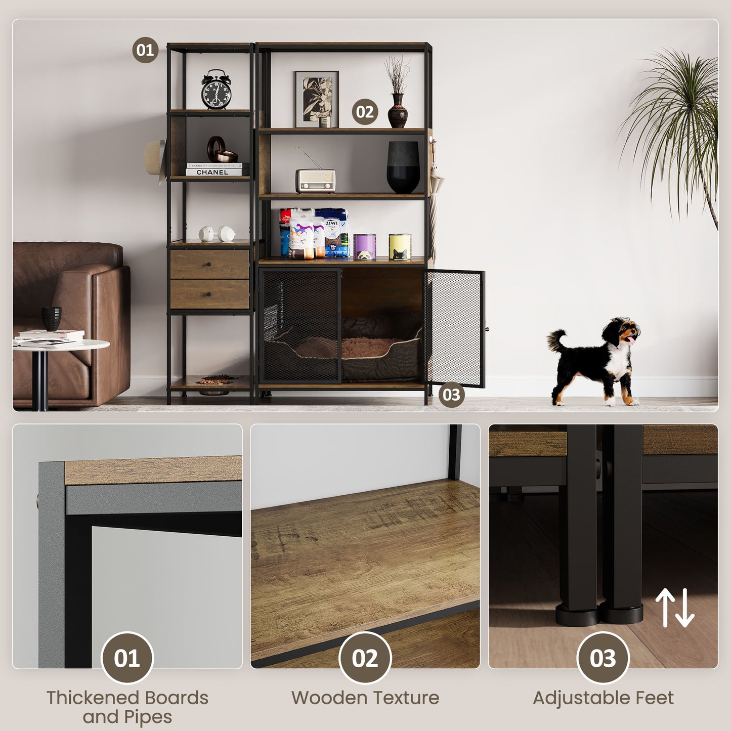 Dog Crate Furniture with Display Shelf, Decorative Dog Crate with Dog Bowl, Cat Litter Box Furniture Industrial Bookshelf, Furniture Style Dog Crate for Medium Dog, Brown