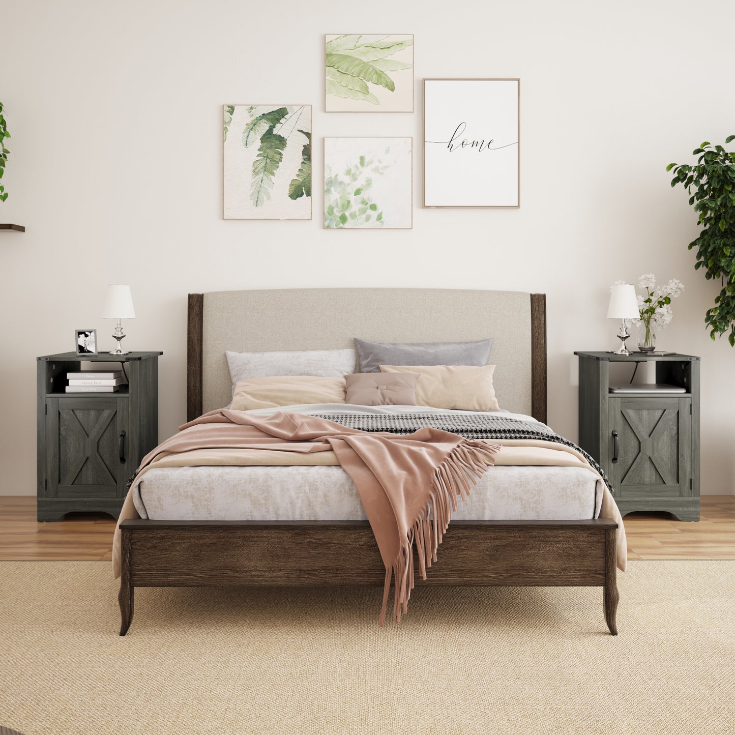 CozyHom Modern Farmhouse USB Nightstand Set of 2 With Storage Cabinet, End Side Table With Charging Station For Bedroom, Dark Grey