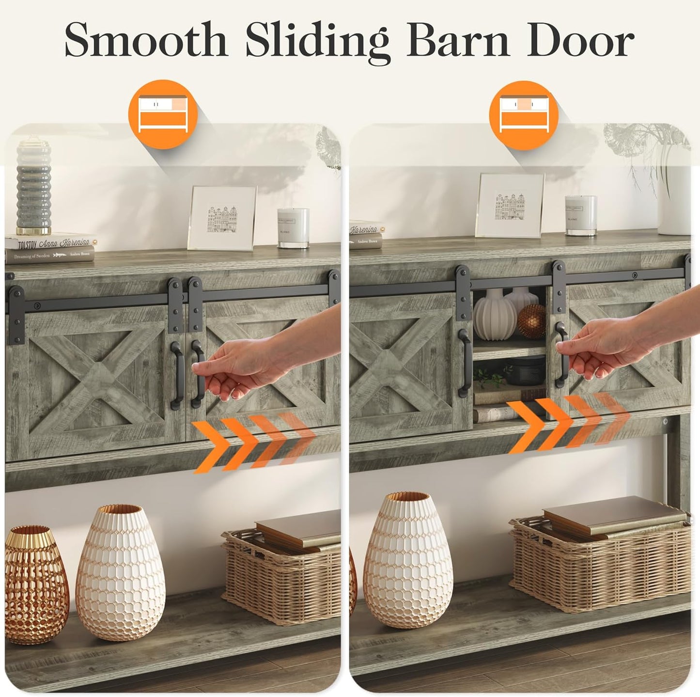CozyHom Farmhouse Console Table with Storages&Shelves, Side Entryway Table With Sliding Barn Doors, Light Gray