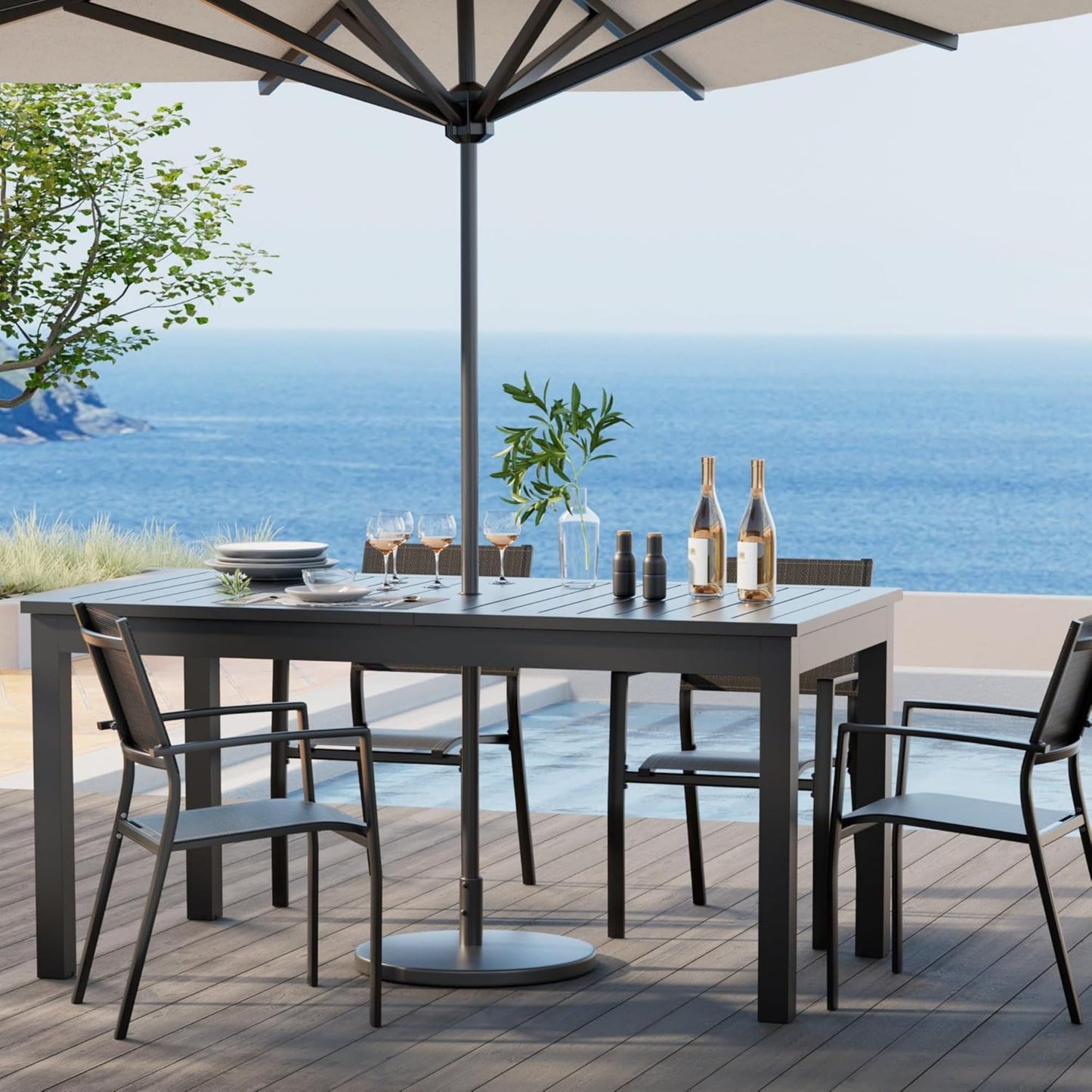 Superjoe Patio Expandable Table Dining Set for 4 to 10, Aluminum Outdoor Dining Table, Rectangular Patio Metal Table with Umbrella Hole for Backyard Porch, Deck £¦ Garden, Easy Assembly, Dark Grey