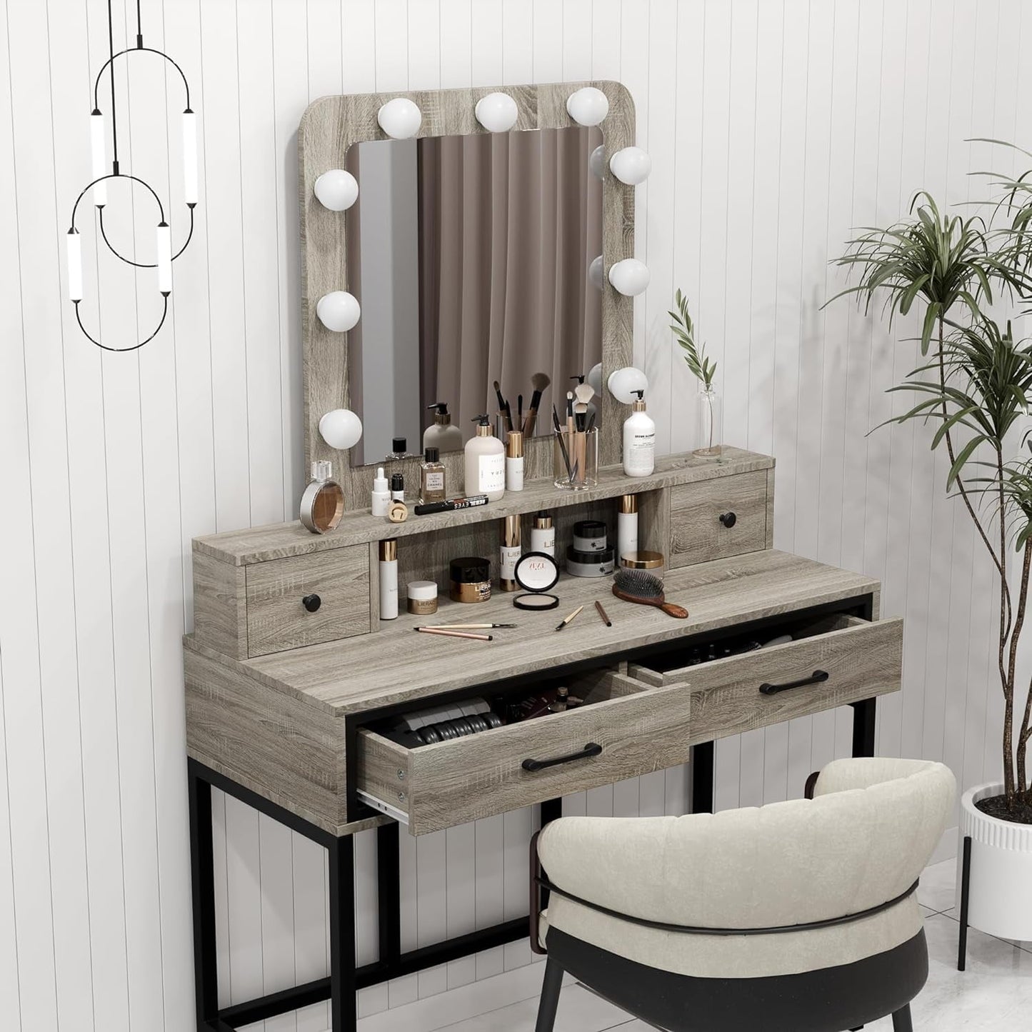 Royalcraft Makeup Vanity Table Set with Sliding Lighted Mirror