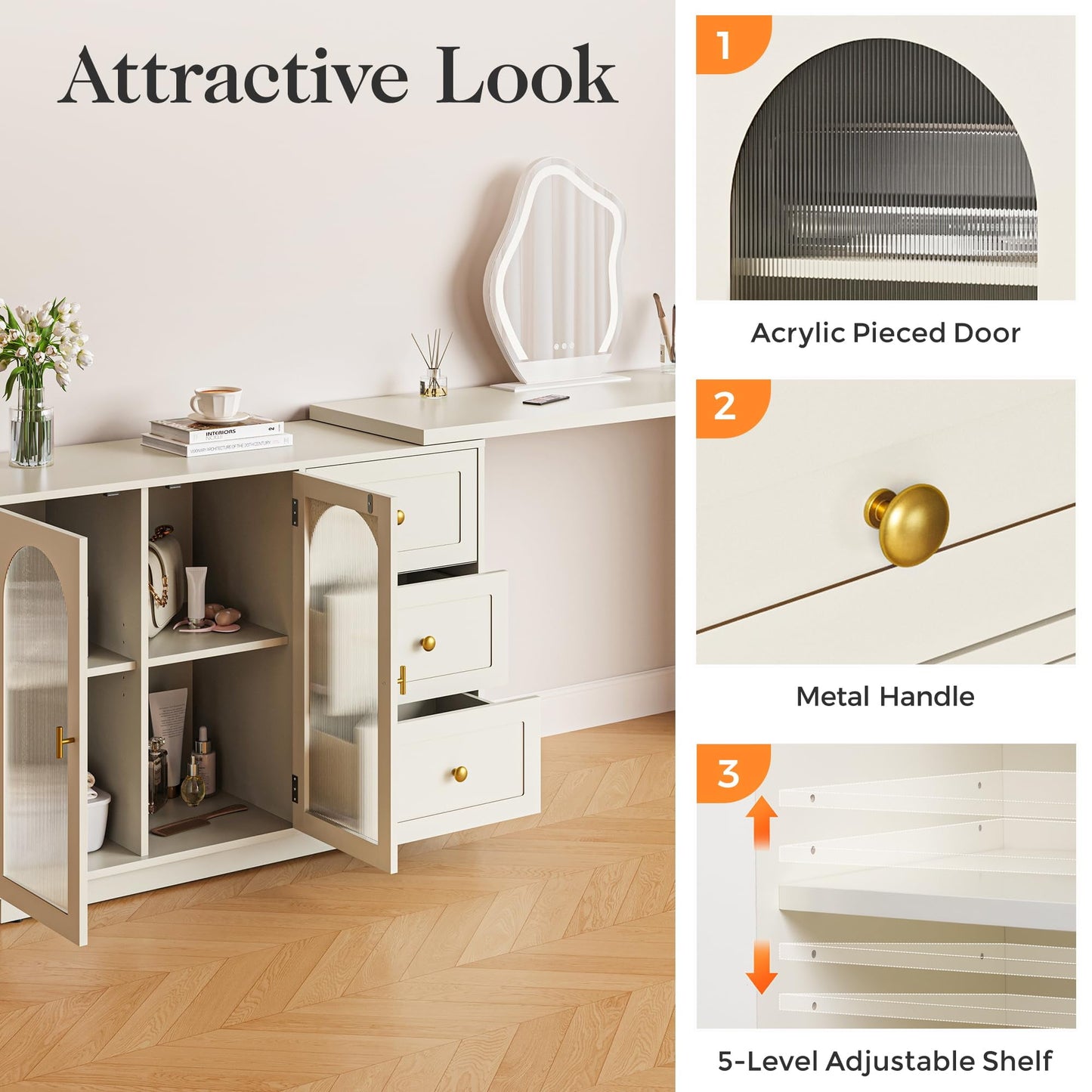 CozyHome Makeup Vanity Desk, Extendable Corner Vanity Makeup Table with 3 Drawers & 2 Door, Modern Dressing Table for Bedroom, Vanities for Women/Girls Bedroom (without Mirror)
