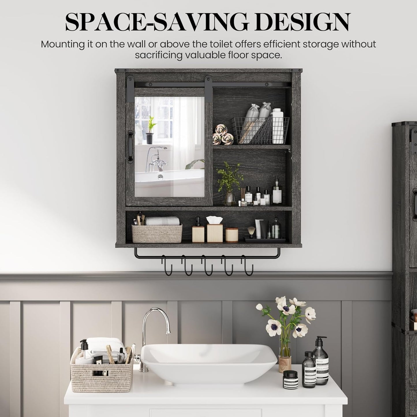Superjoe 28in Bathroom Cabinet Wall Mount with Sliding Mirror Door, Over The Toilet Storage Cabinet, Farmhouse Medicine Cabinet with Shelves and Towel Bar for Living Room, 28" W x 29" H, Grey