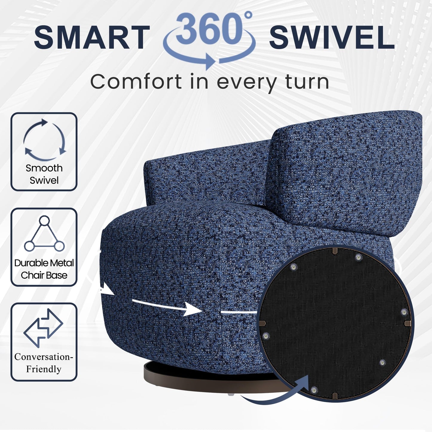 CozyHome Swivel Accent Chair, Fully Assembled Round Barrel Chairs, Oversized Upholstered Armchair with 360-Degree Base, Modern Club Chair for Living Room, Bedroom, Office, Blue