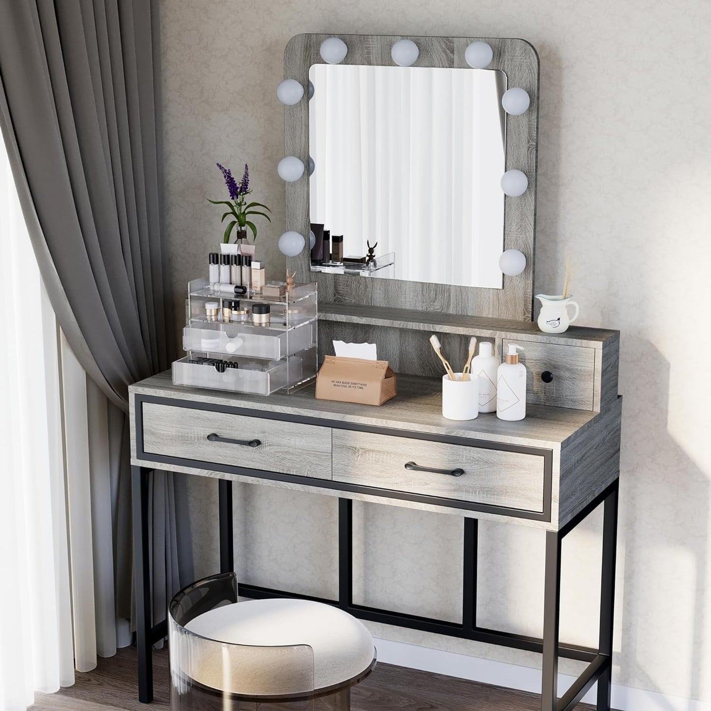 Royalcraft Makeup Vanity Table Set with Sliding Lighted Mirror