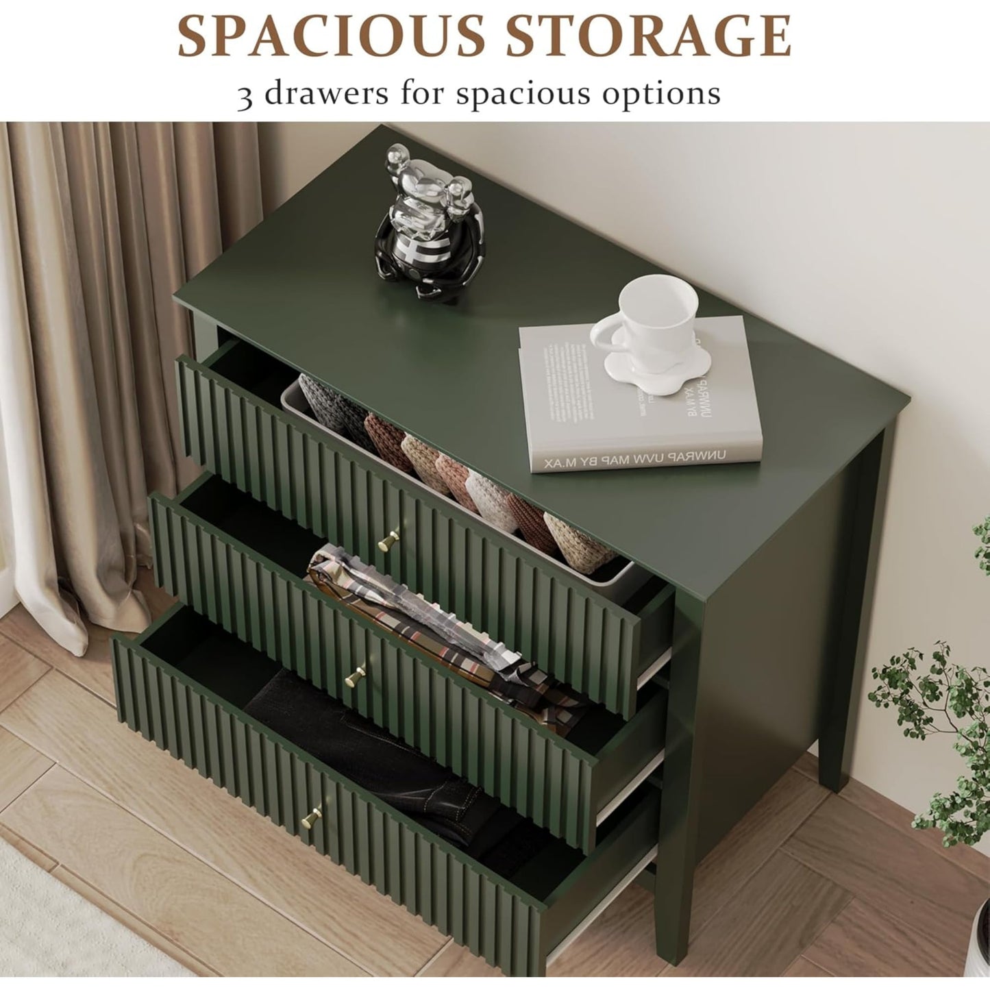 Superjoe Green 3 Drawer Dresser, Painted 30 Inch Tall Wood Nightstand with Storage, Wide Modern Chest of Drawers with Ball Bearing Slide for Bedroom Hallway Living Room Entryway Office