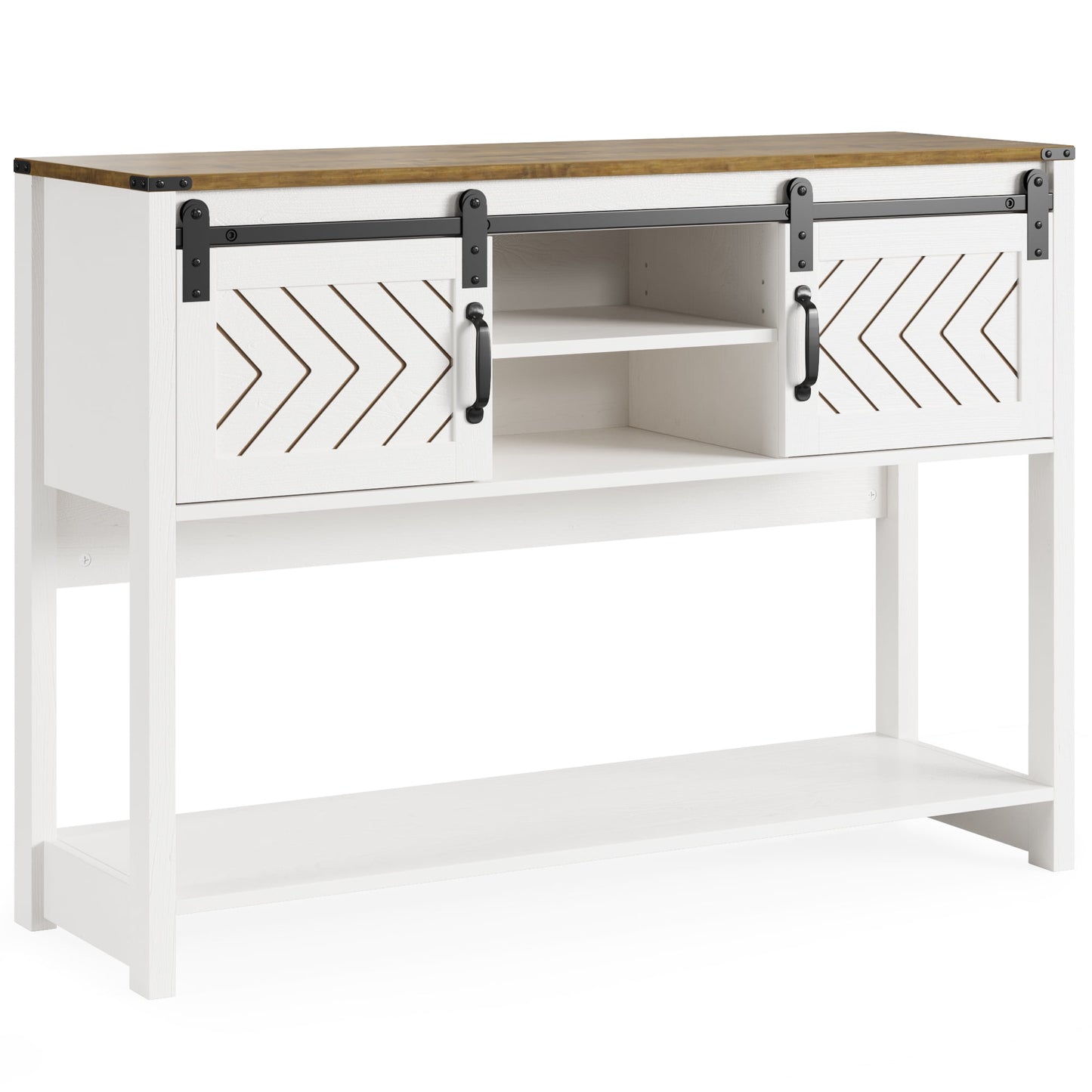 CozyHom Console Table With Storages&Shelves, Side Entryway Table With Sliding Barn Doors for Office, Bedroom, White-Brown