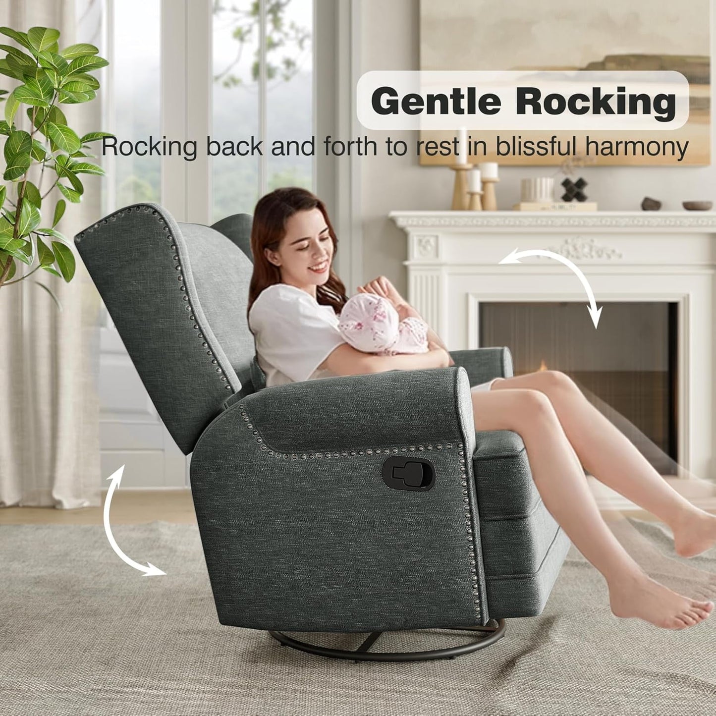 Superjoe Swivel Recliner Chair, Comfy Glider Rocking Chairs with Lumbar Pillow and Footrest, Upholstered Swivel Rocking Chair for Bedroom,Nursery, Dark Grey