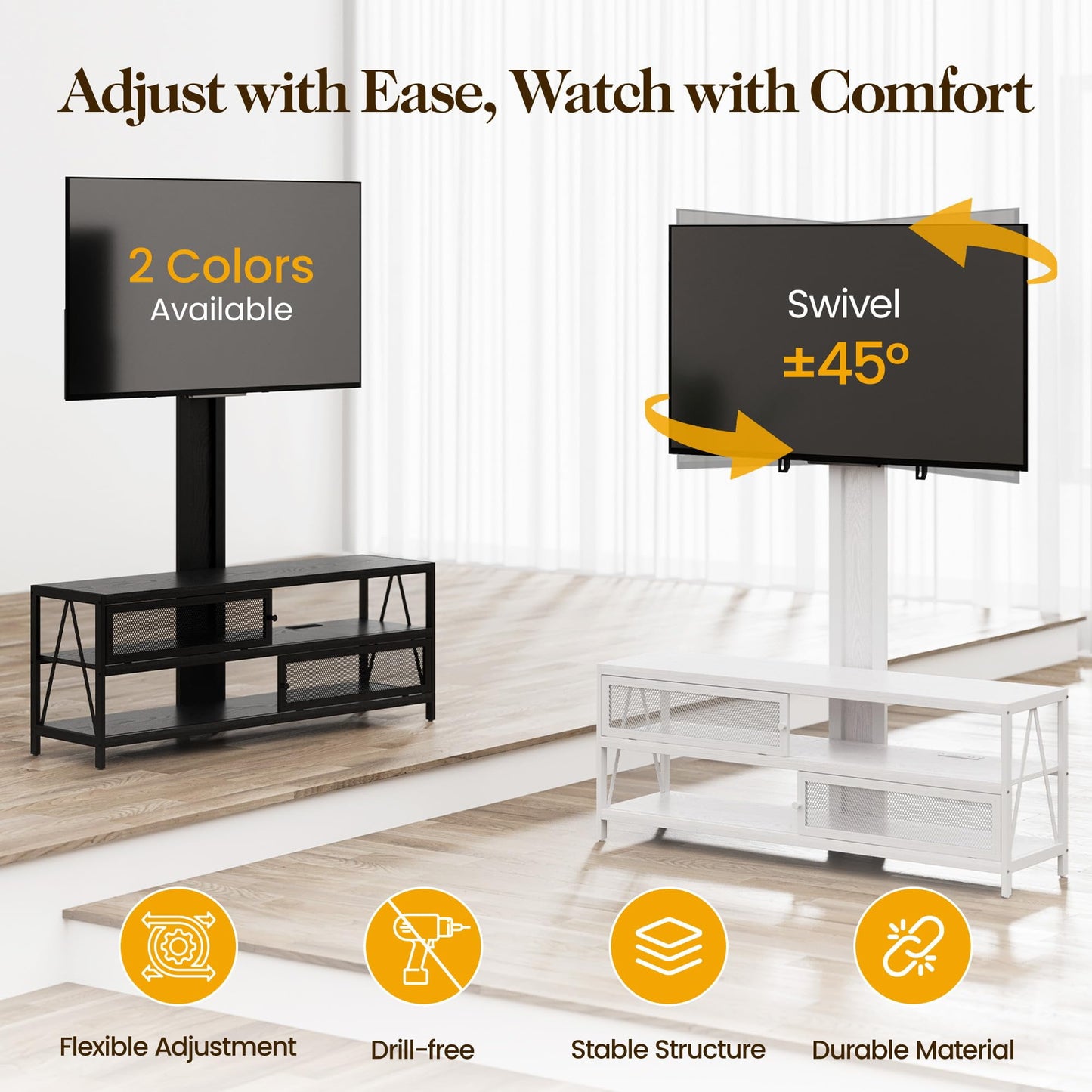 CozyHome TV Stand with Mount and LED Light, Swivel Entertainment Center for TVs 32-65 Inches, 3-Tier Gaming Media Console Tablefor Living Room, Bedroom, Office, White