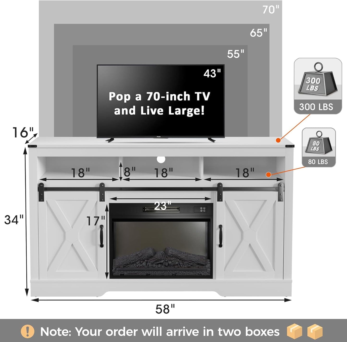 RoyalCraft Fireplace TV Stand for 65+ inch TV, Farmhouse Entertainment Center with 23" Electric Fireplace with Remote, Modern Rustic TV Console with Sliding Bar Door for Living Room