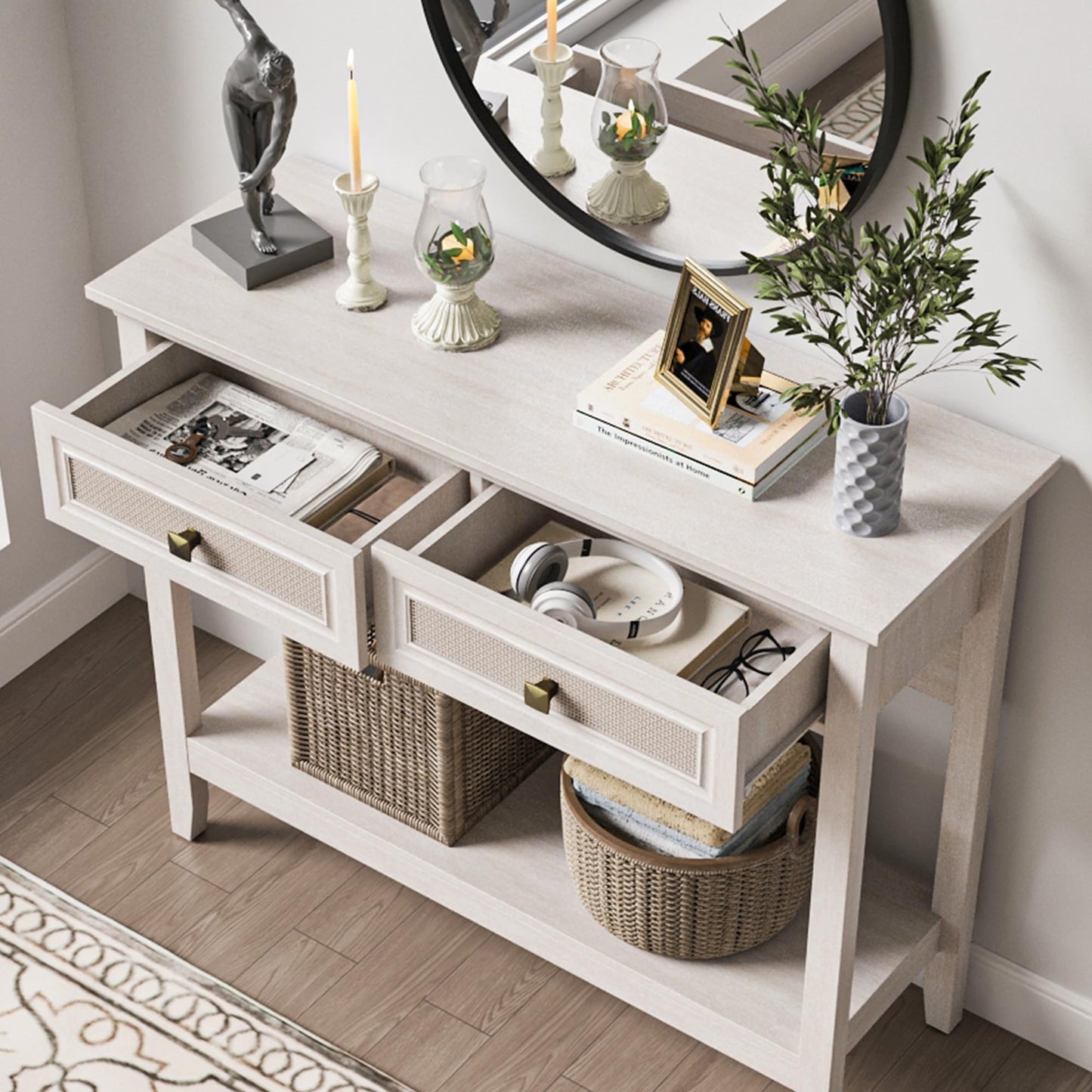 CozyHome Rattan Entryway Table, Boho Console Table with Widened Tabletop & 2 Spacious Drawers, Farmhouse Sofa Table with Storage Shelf, Foyer Table for Living Room, Hallway, Entryway, Grayish White